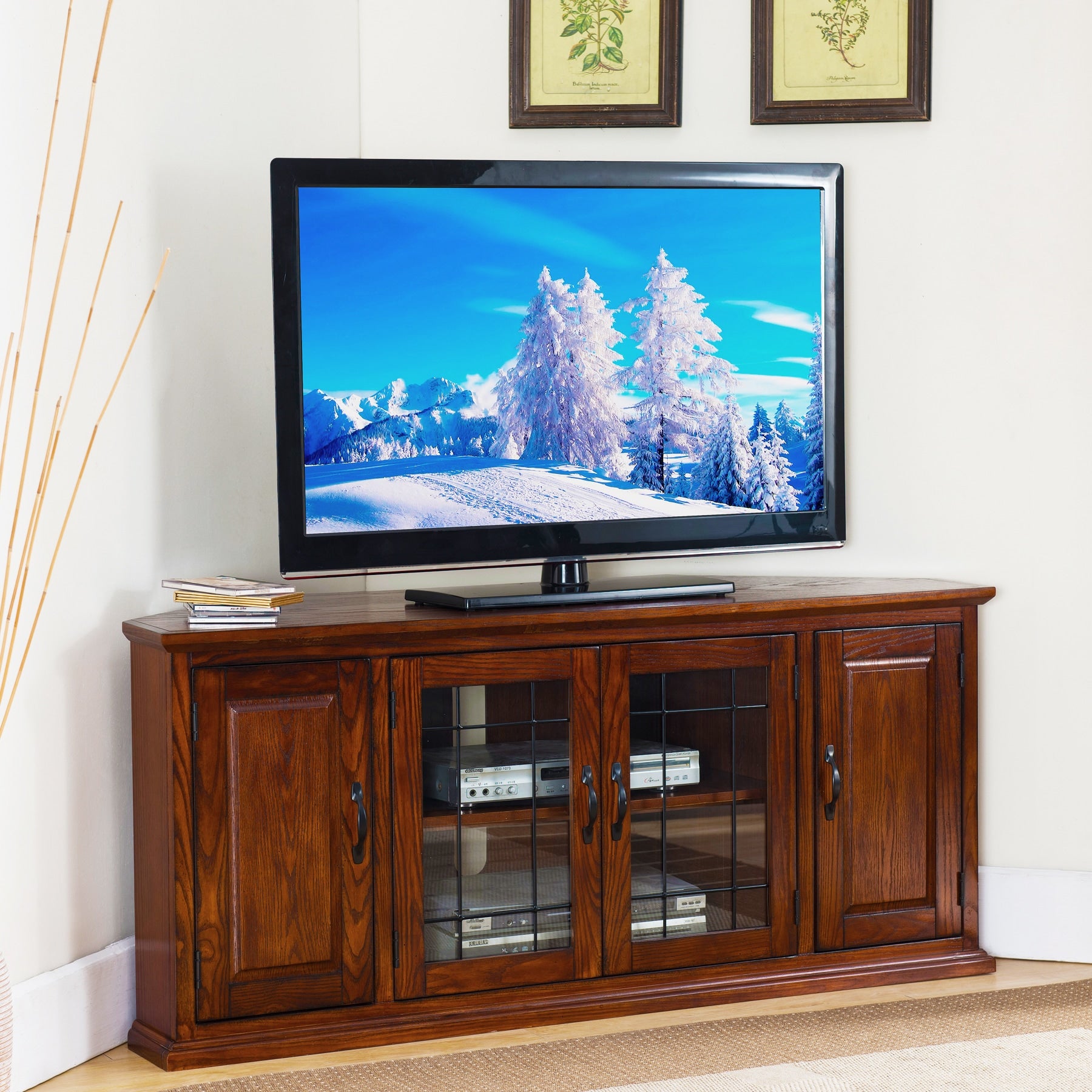 Burnished Oak Finish Wood And Leaded Glass 56 Inch Corner Tv Stand
