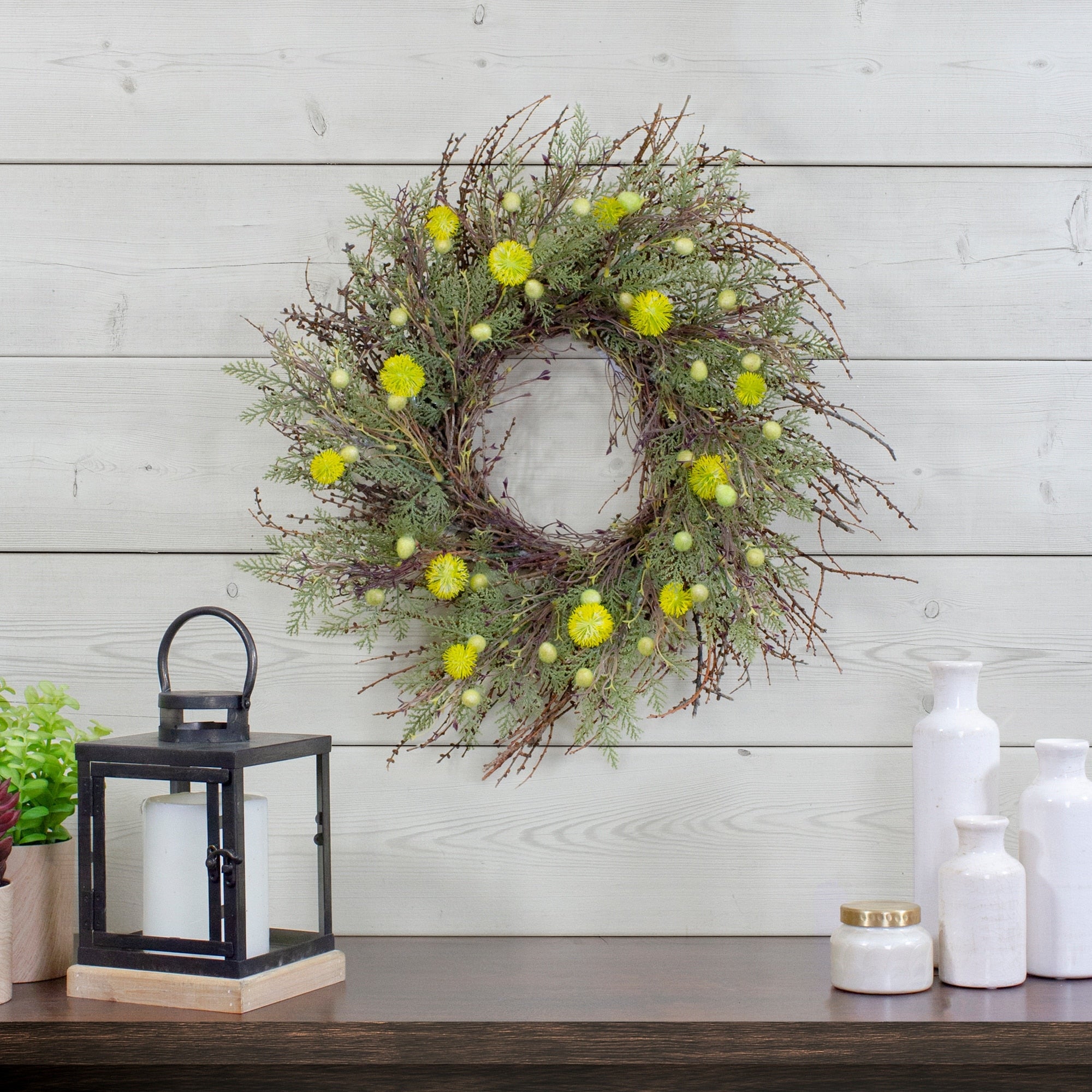 Burrs Catkins Leaves And Twig Artificial Spring Wreath Yellow And Green 20 Inch