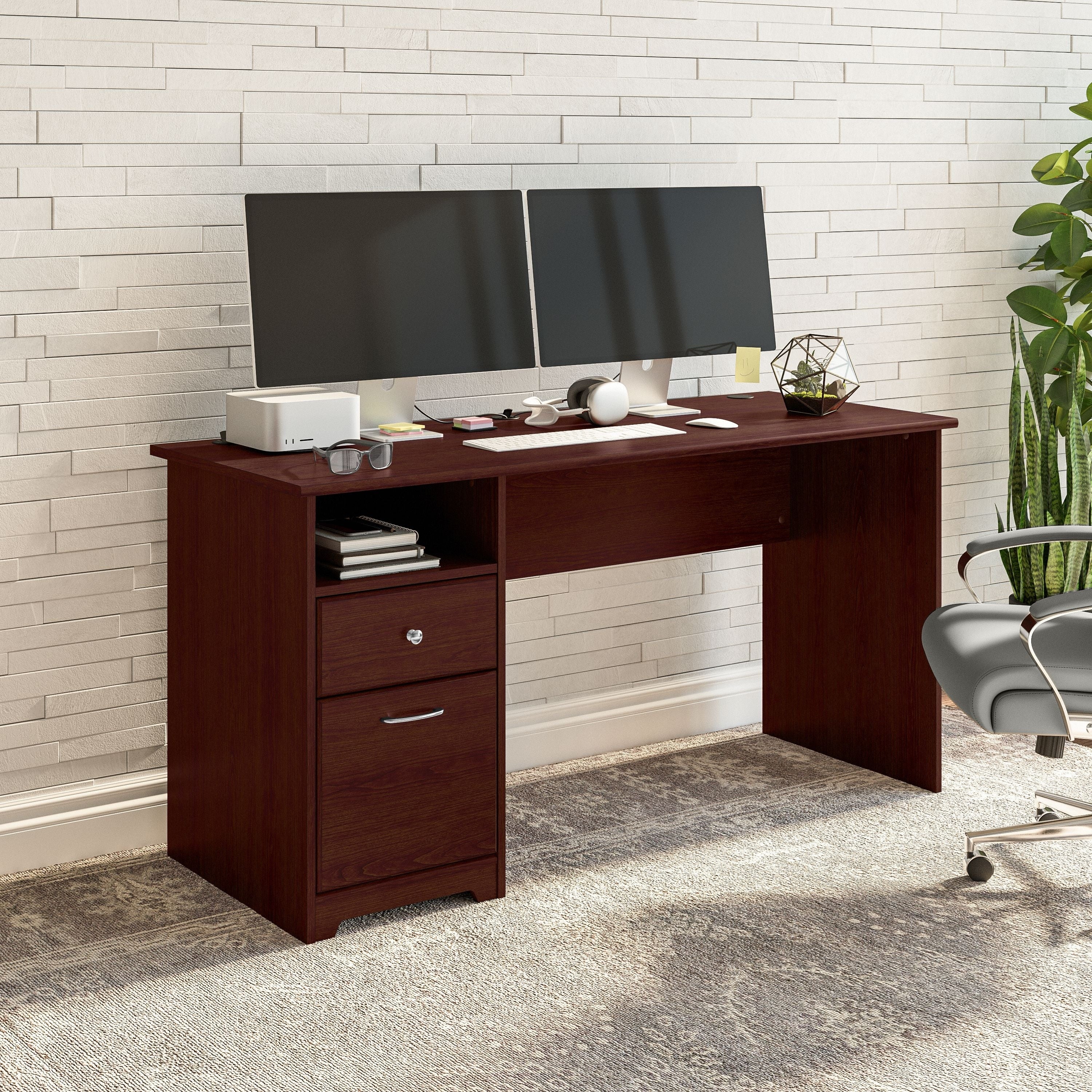 Porch Den Hale 60W Computer Desk With Drawers In Harvest Cherry