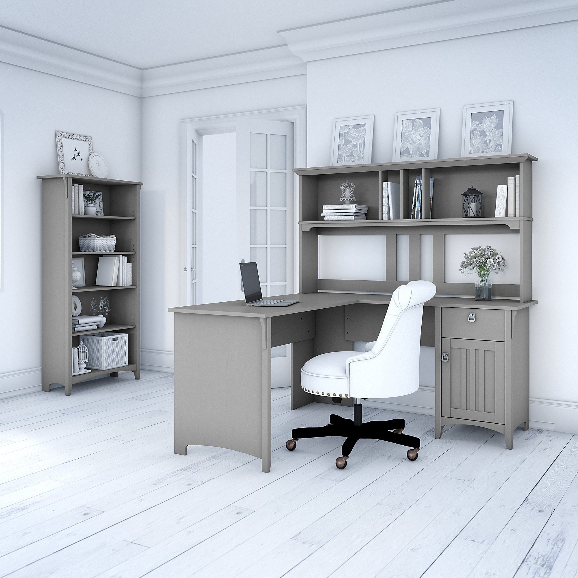 The Gray Barn Lowbridge Cape Cod Grey L Shaped Desk With Hutch And 5 Shelf Bookcase
