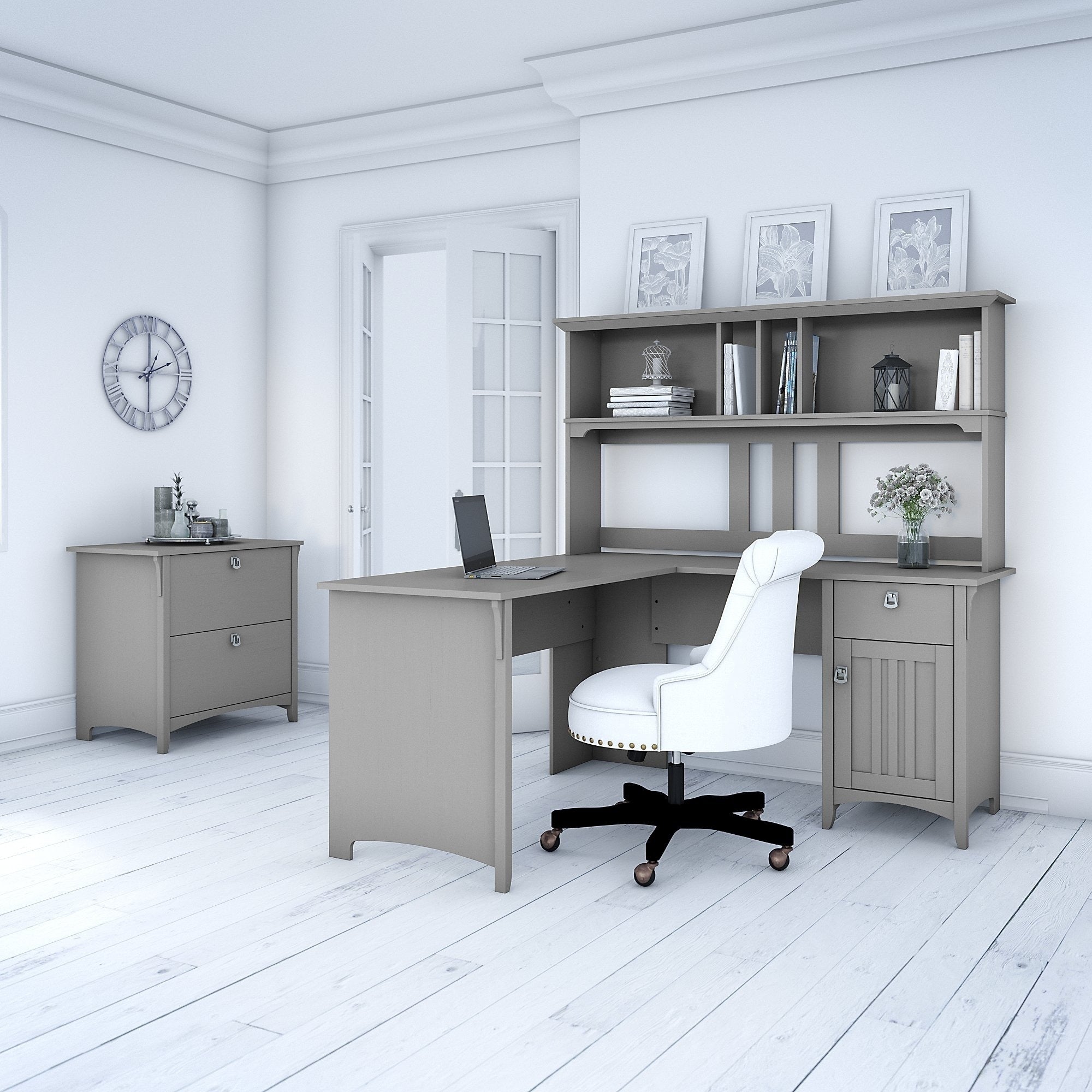 The Gray Barn Lowbridge Cape Cod Grey L Shaped Desk With Hutch And Lateral File Cabinet