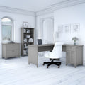 The Gray Barn Lowbridge Cape Cod Grey L Shaped Desk With Lateral File Cabinet And 5 Shelf Bookcase