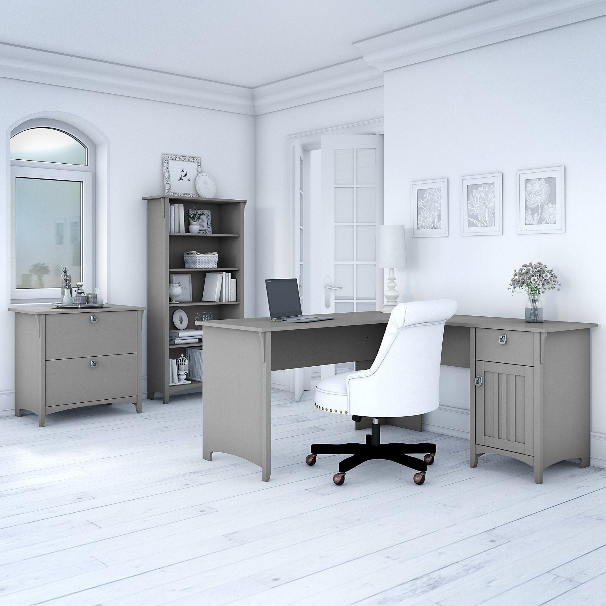 The Gray Barn Lowbridge Cape Cod Grey L Shaped Desk With Lateral File Cabinet And 5 Shelf Bookcase