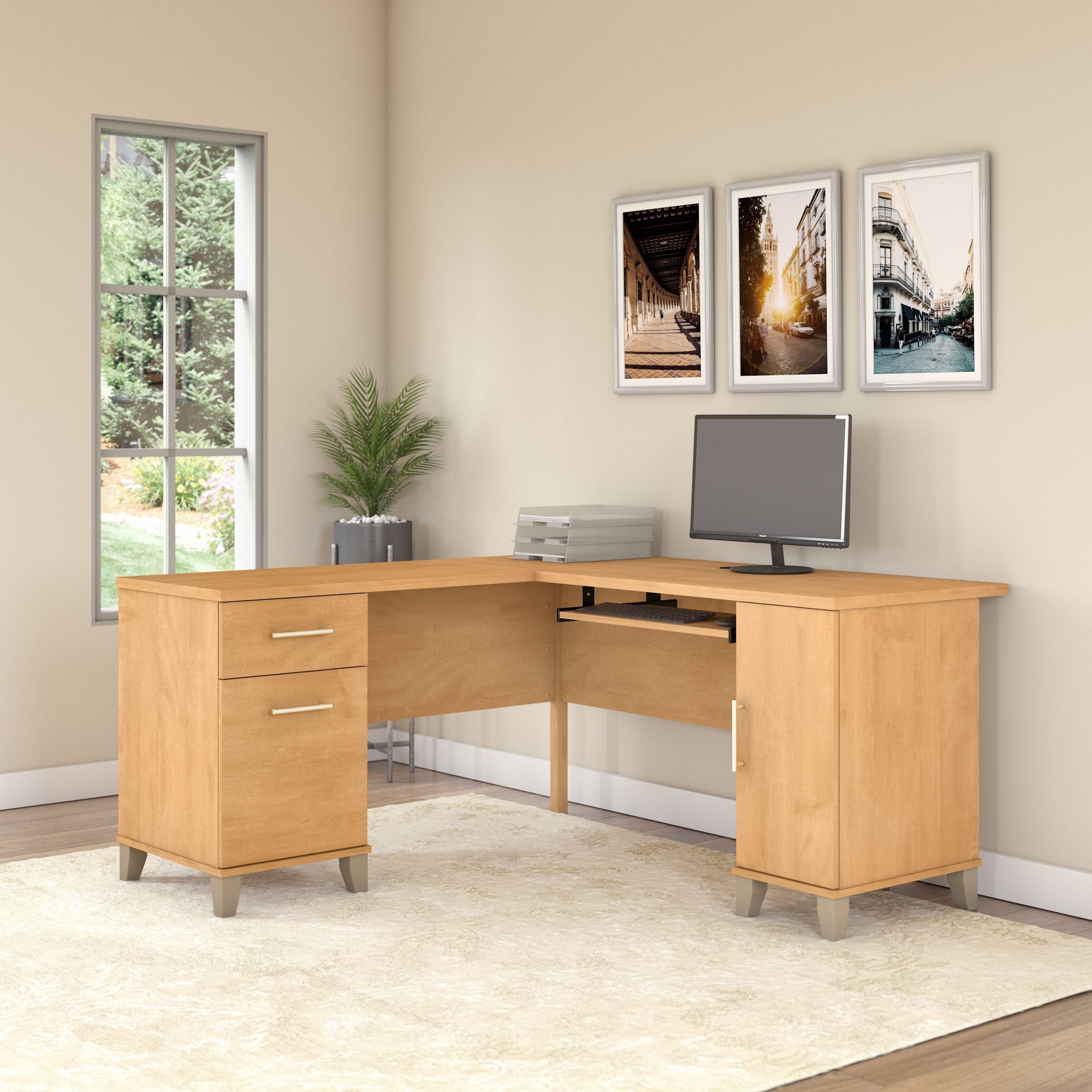 Somerset 60W L Shaped Desk By Bush Furniture In Maple Cross