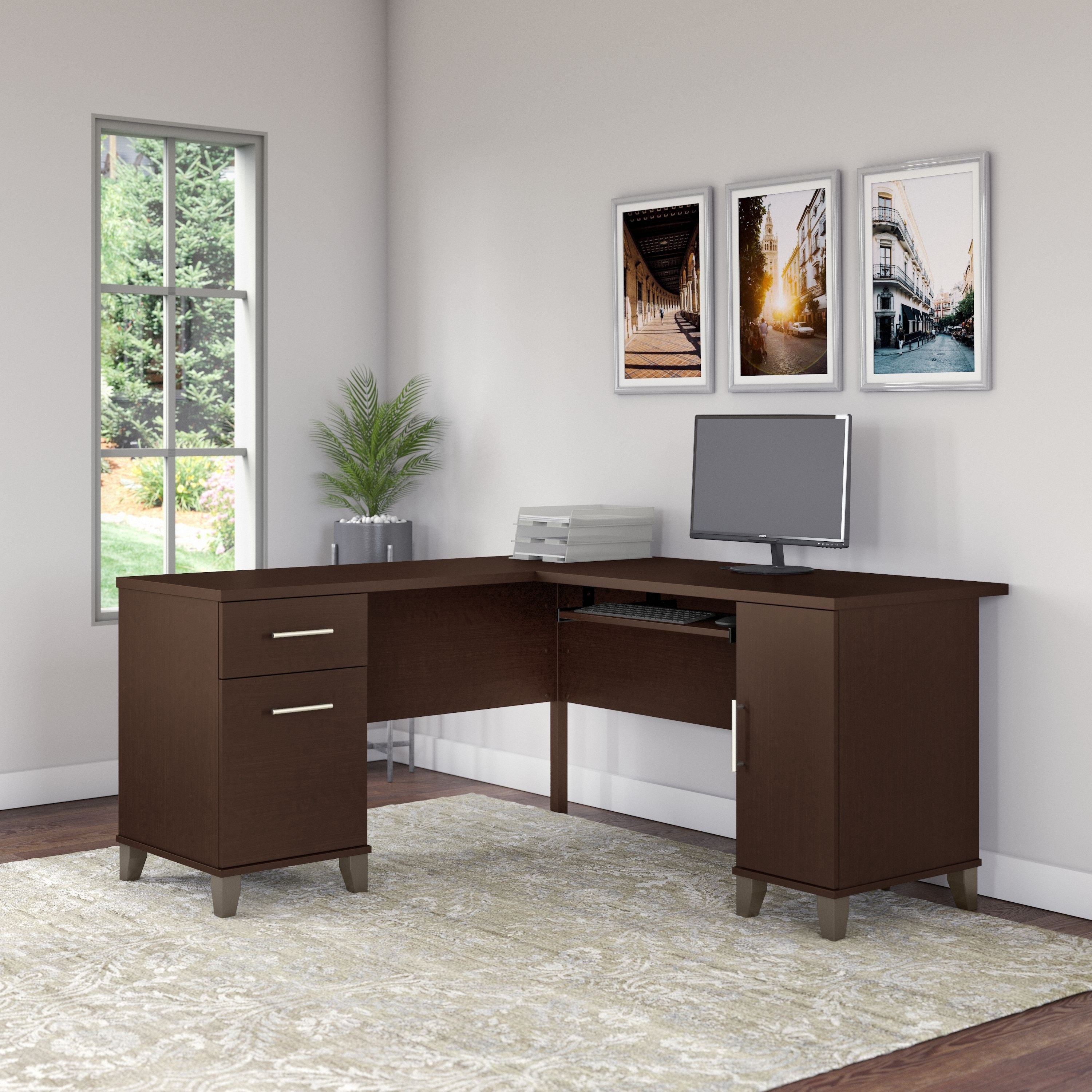 Somerset 60W L Shaped Desk By Bush Furniture In Mocha Cherry