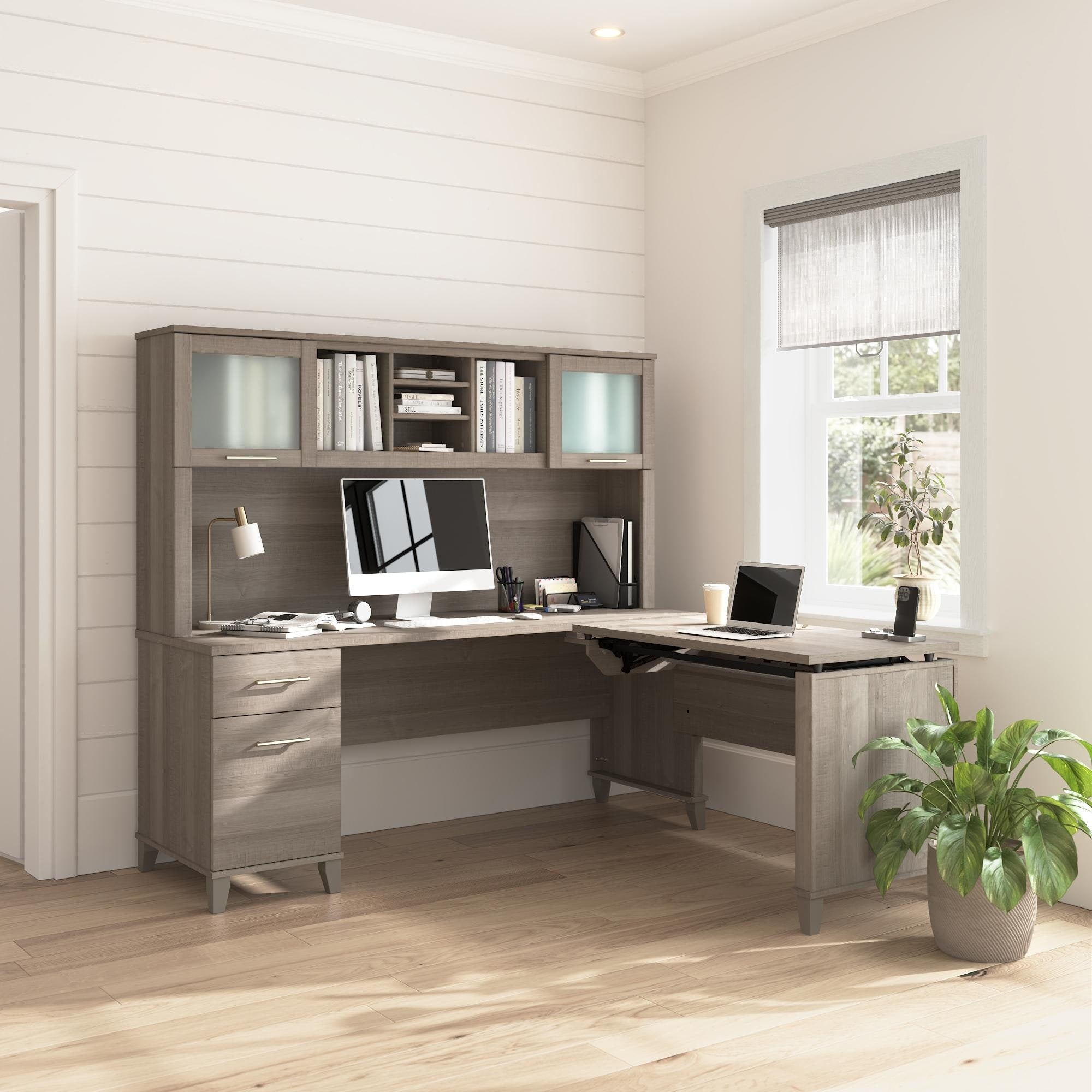 Somerset 72W 3 Position Sit To Stand L Shaped Desk With Hutch In Gray