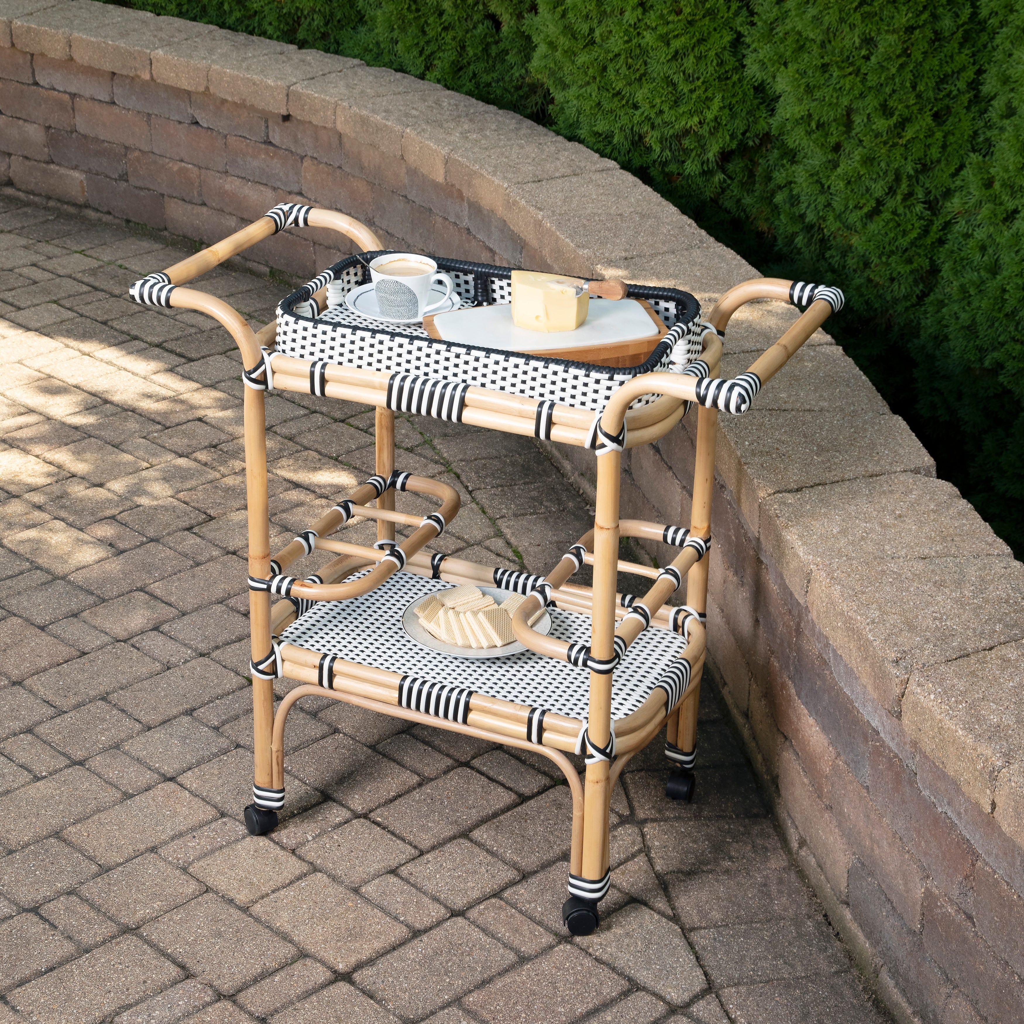 Butler Selena Blue White Rattan Bar Cart