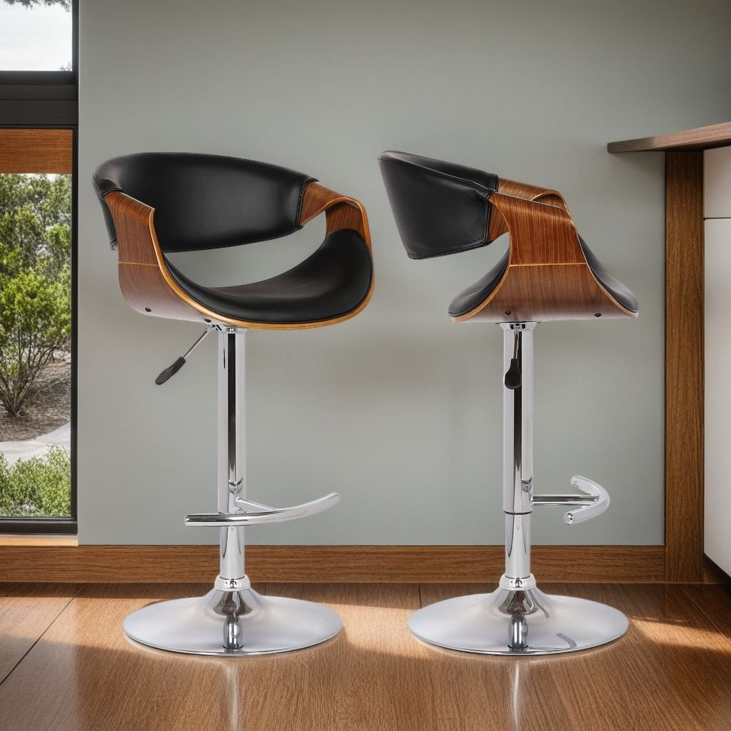 Armen Living Butterfly Black Walnut Wood Faux Leather Adjustable Swivel Barstool
