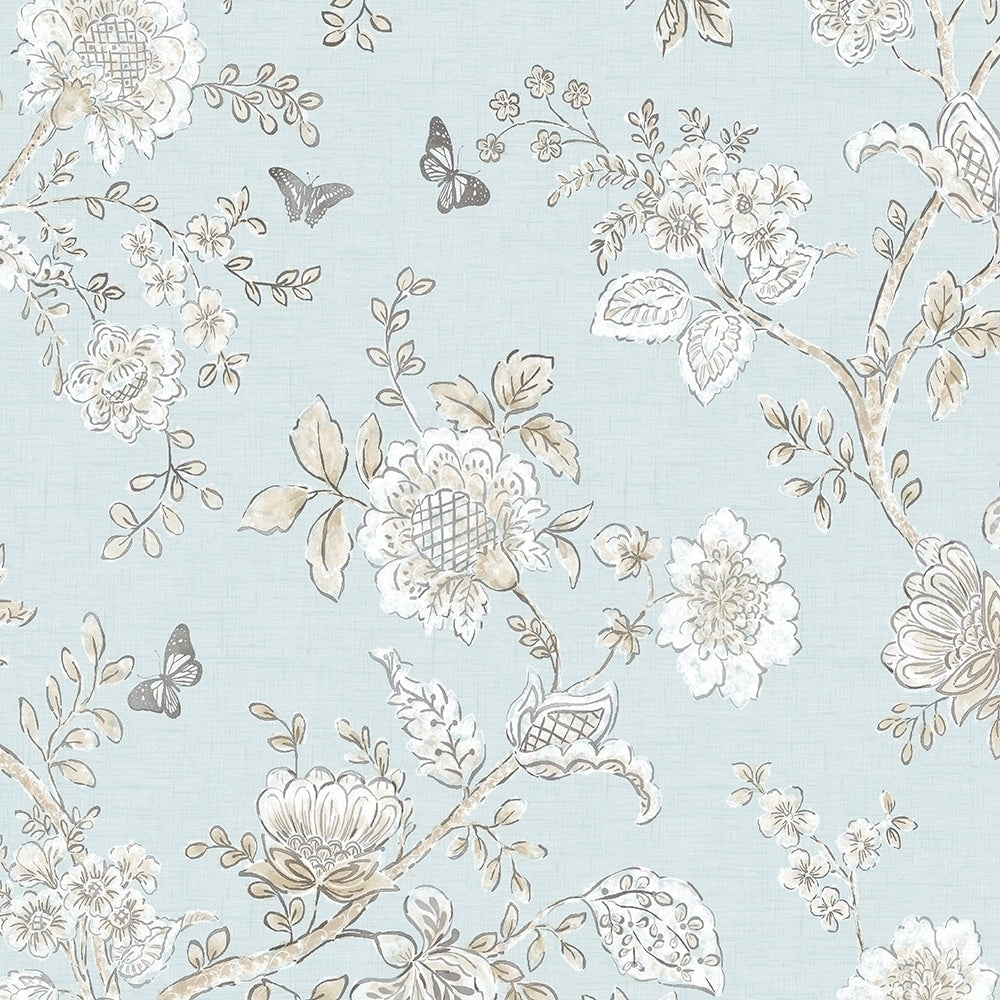Butterfly Toile Wallpaper Floral In Blue Beige French Blue Light Blue