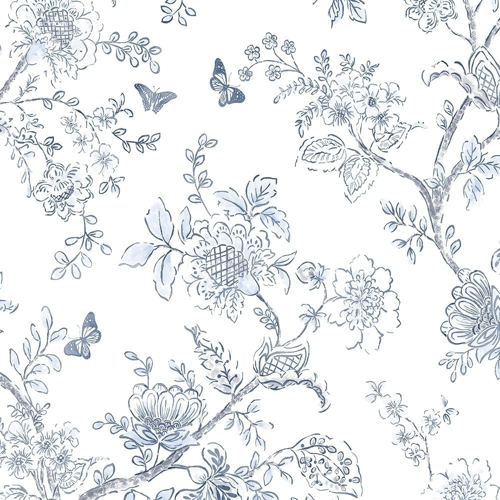 Butterfly Toile Wallpaper Floral In Light Blue Blue Navy