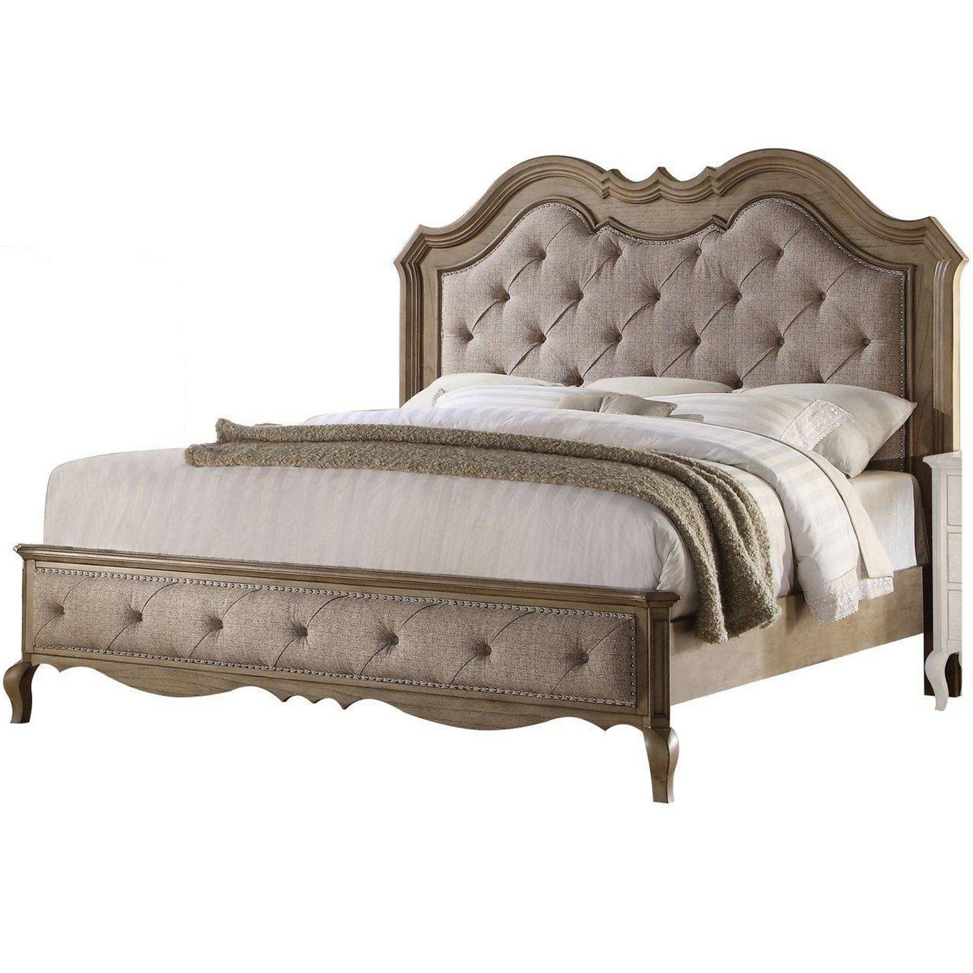 Button Tufted Fabric Eastern King Size Bed With Molded Details Beige