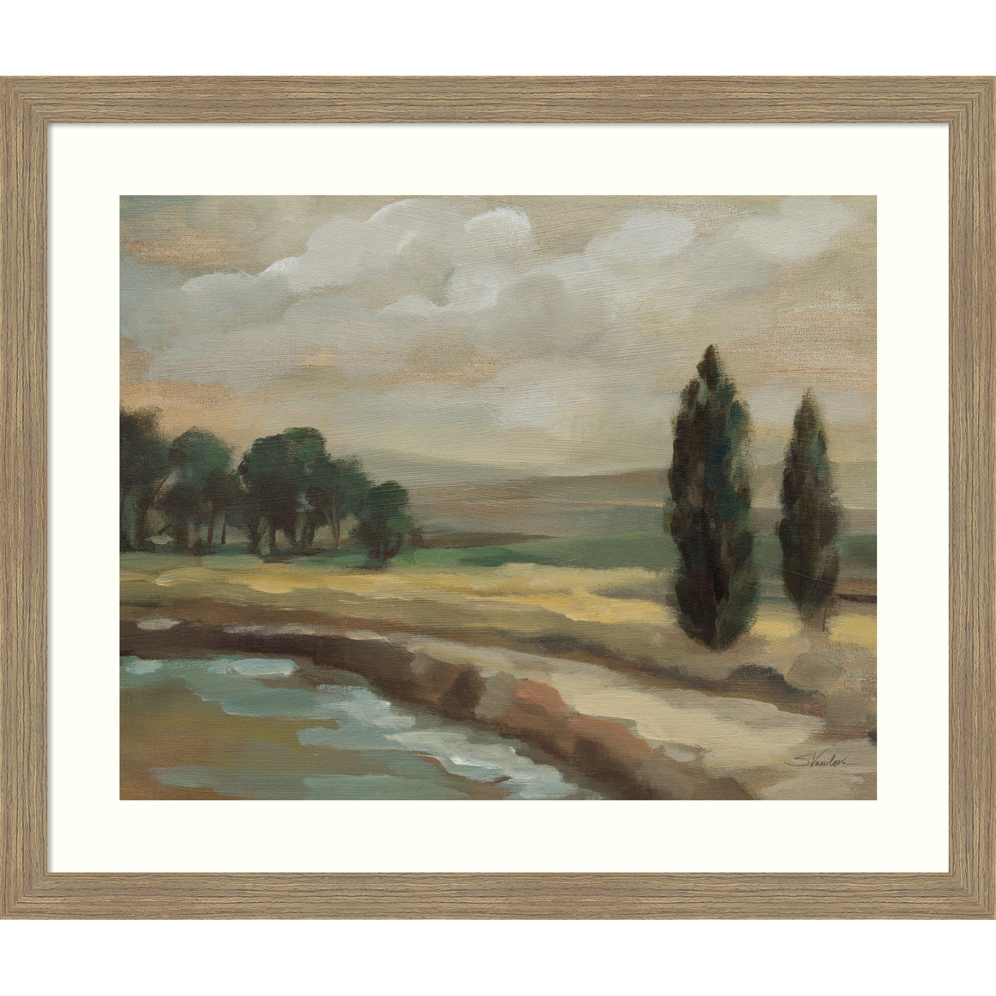 By The River By Silvia Vassileva Wood Framed Wall Art Print Woodgrain Stripe Mocha