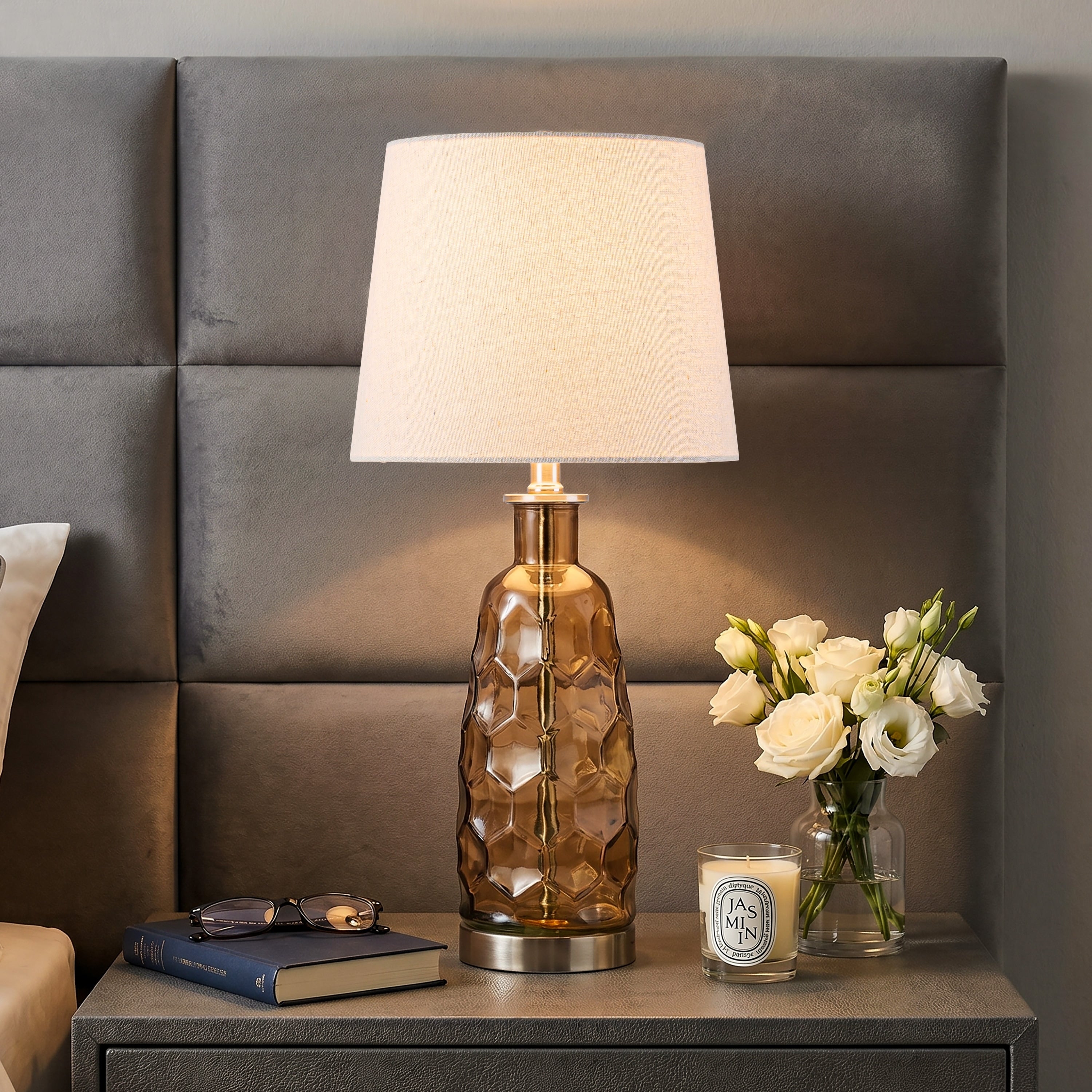 C Cattleya 23.5 Inch Clear Glass Table Lamp With Textured Base And White Fabric Shade