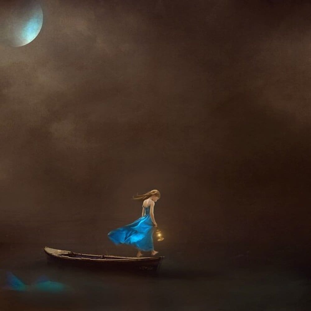 Canvas Single Lady Under The Moon In A Boat By Ellen Mcdermott