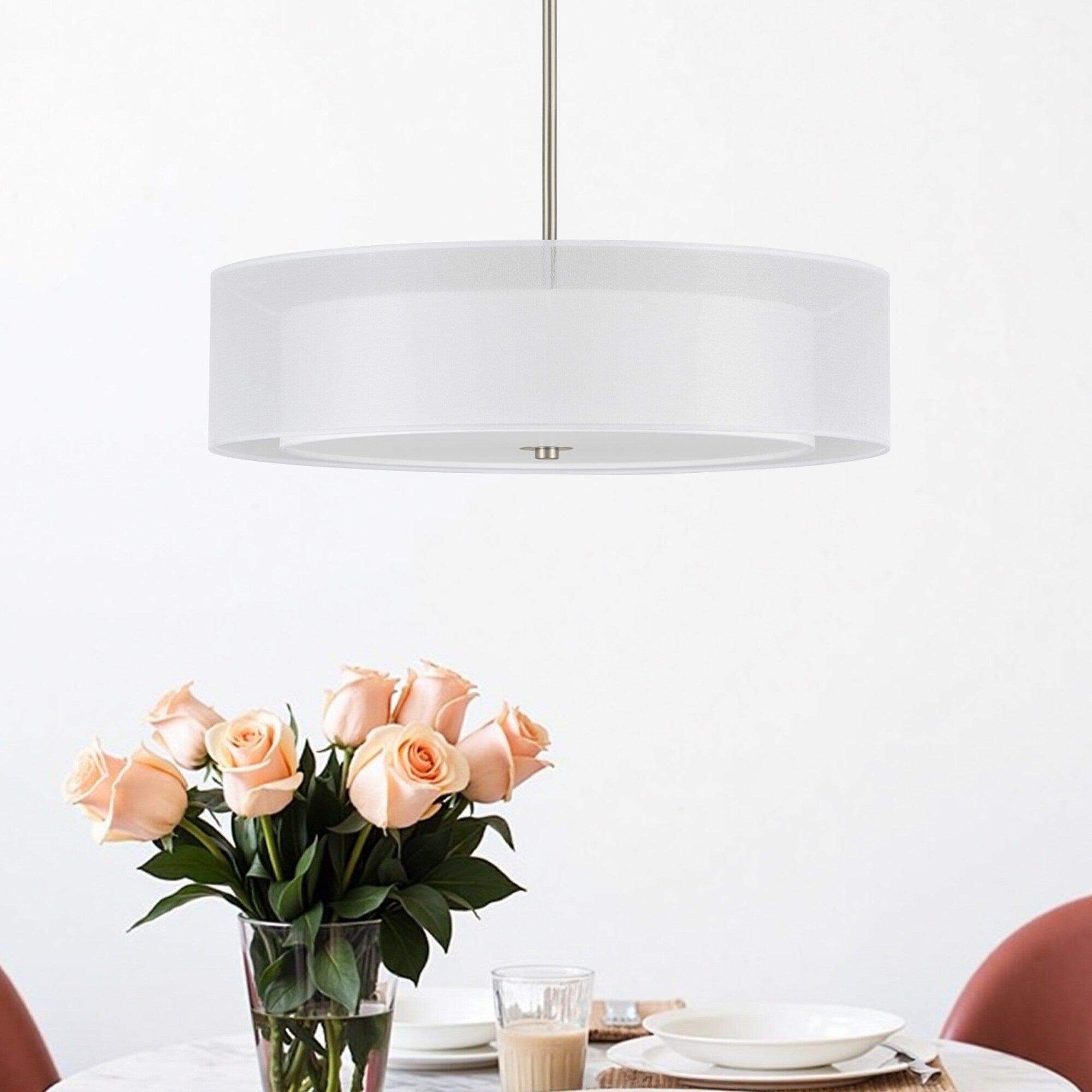 Co Z Brushed Nickel 3 Light Double Drum Pendant Chandelier With Fabric Shades And Diffuser