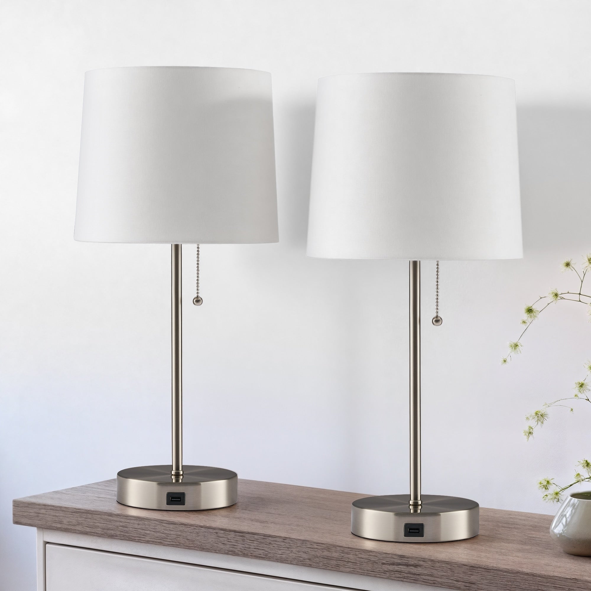 Co Z 21 Inches White Table Lamp With Usb Charger In Brushed Nickel Finish Set Of 2 N A