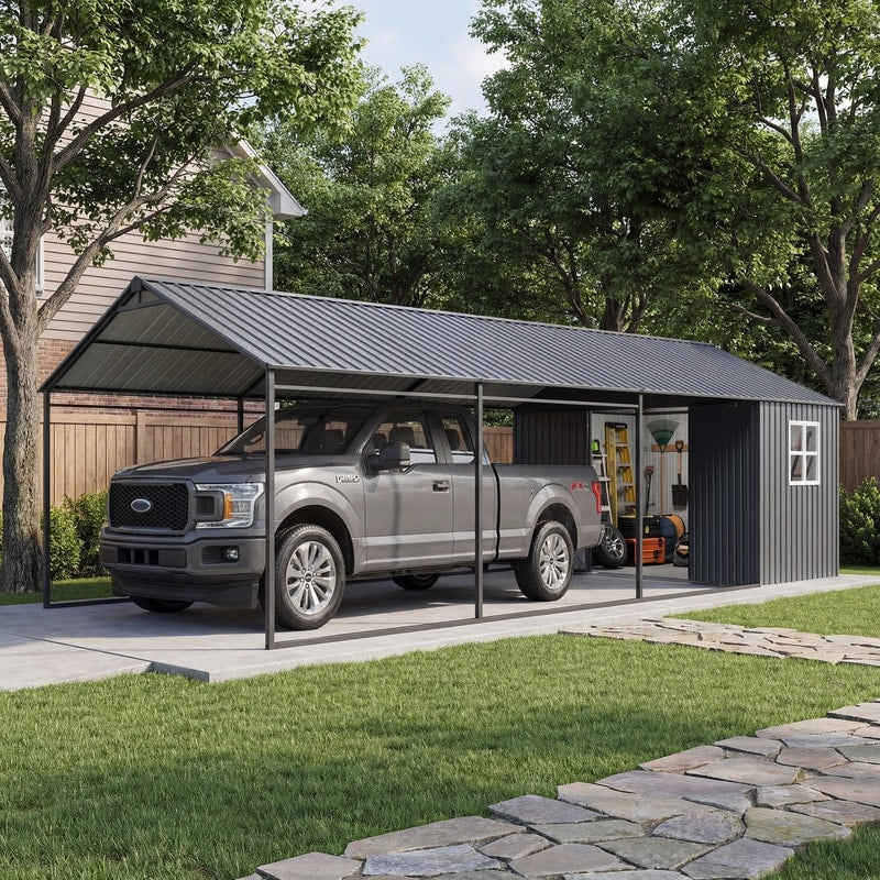 Cosiest 12X25 Ft Metal Carport With Storage Shed Heavy Duty 2 In 1 Carport With 12X5Ft Lockable Tool Room 12 25Ft