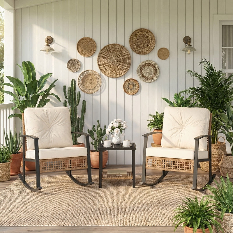 Cosiest 3 Piece Outdoor Wicker Rocking Chair Set Patio Rattan Rocker With Cushion Side Table Beige