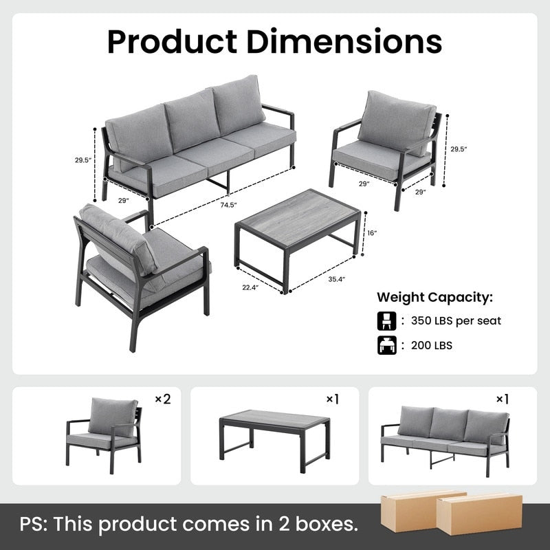 Cosiest 4 Piece Aluminum Outdoor Patio Furniture Set Metal Sofa Conversation Set With Cushions Coffee Table Gray