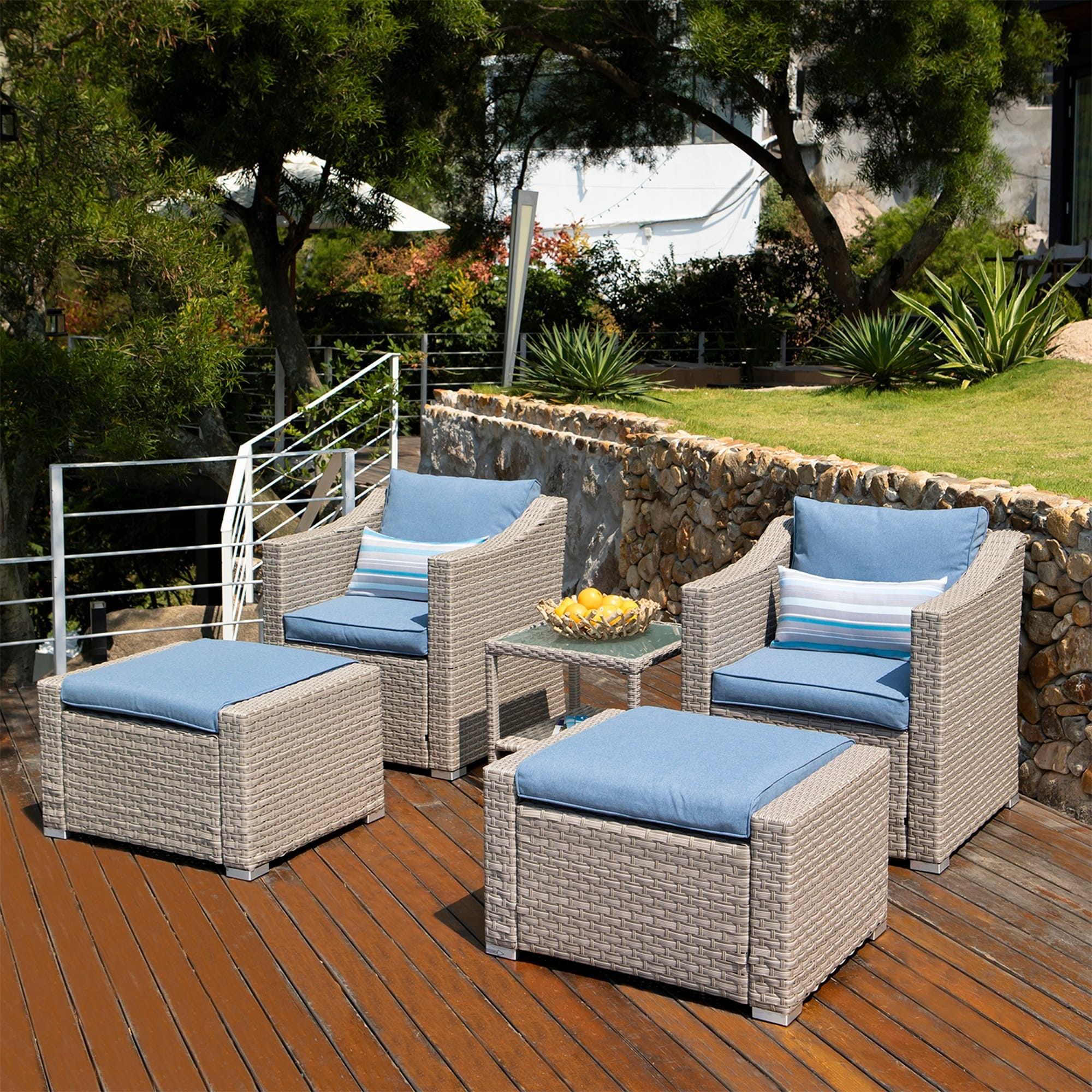 Cosiest 5 Pieces Furniture Pe Wicker Patio Chair Set With Warm Gray Cushions