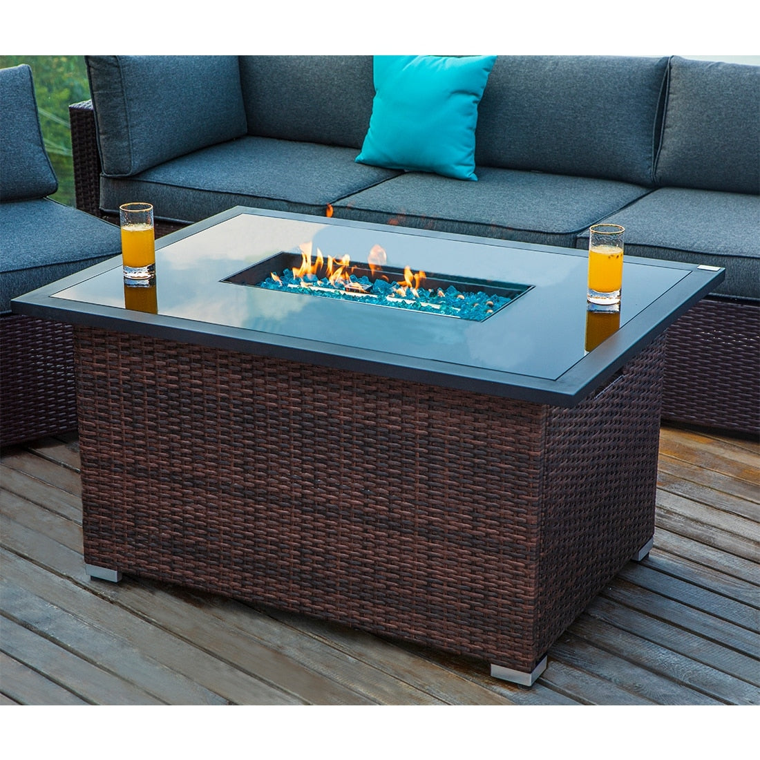 Cosiest Outdoor Propane Fire Table Rectangle Espresso Brown Wicker Fire Pit Stainless Steel Burner Free Fire Glass
