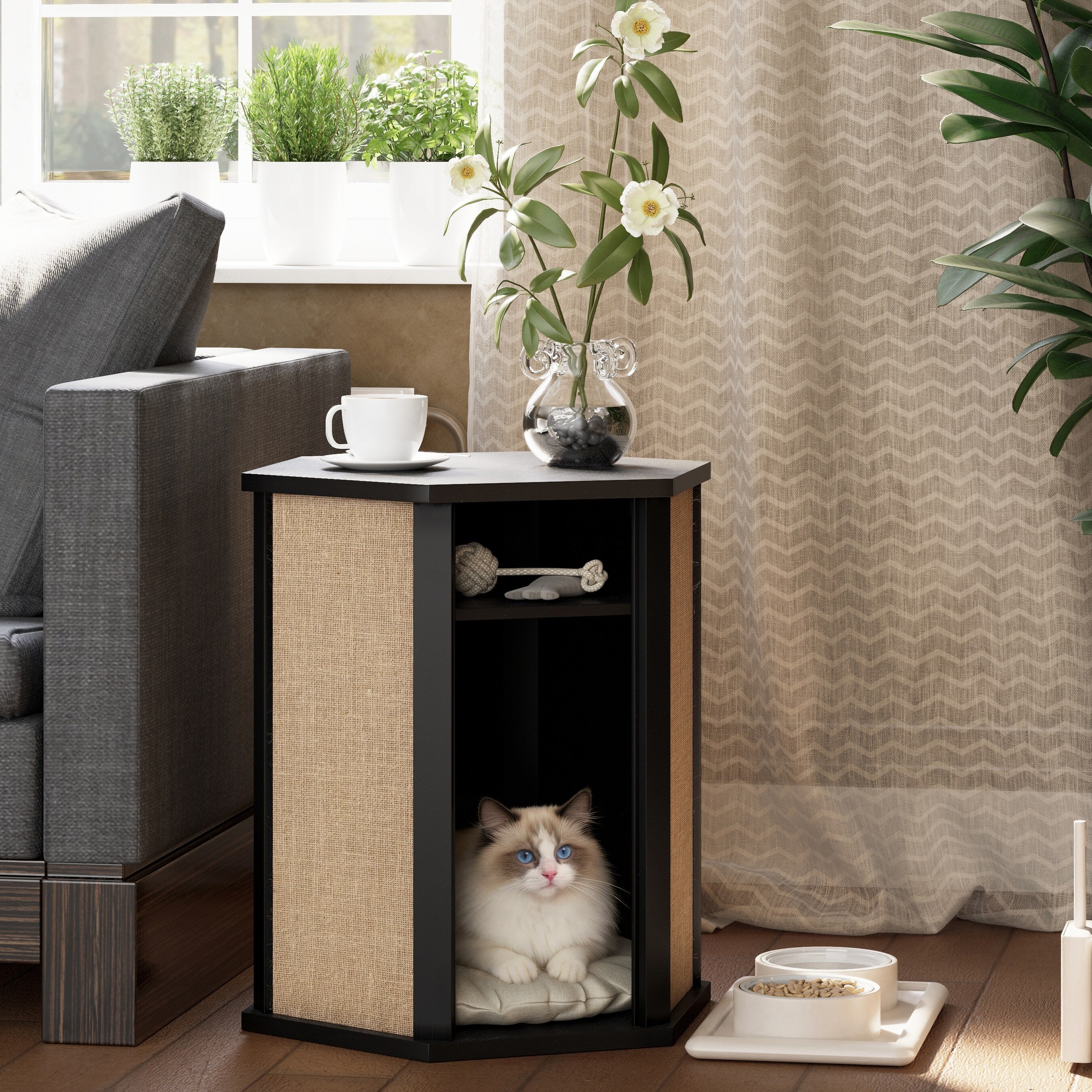 Cozayh Cat House End Table Hidden Bed Scratching Panels Washable Cushion Easy Clean