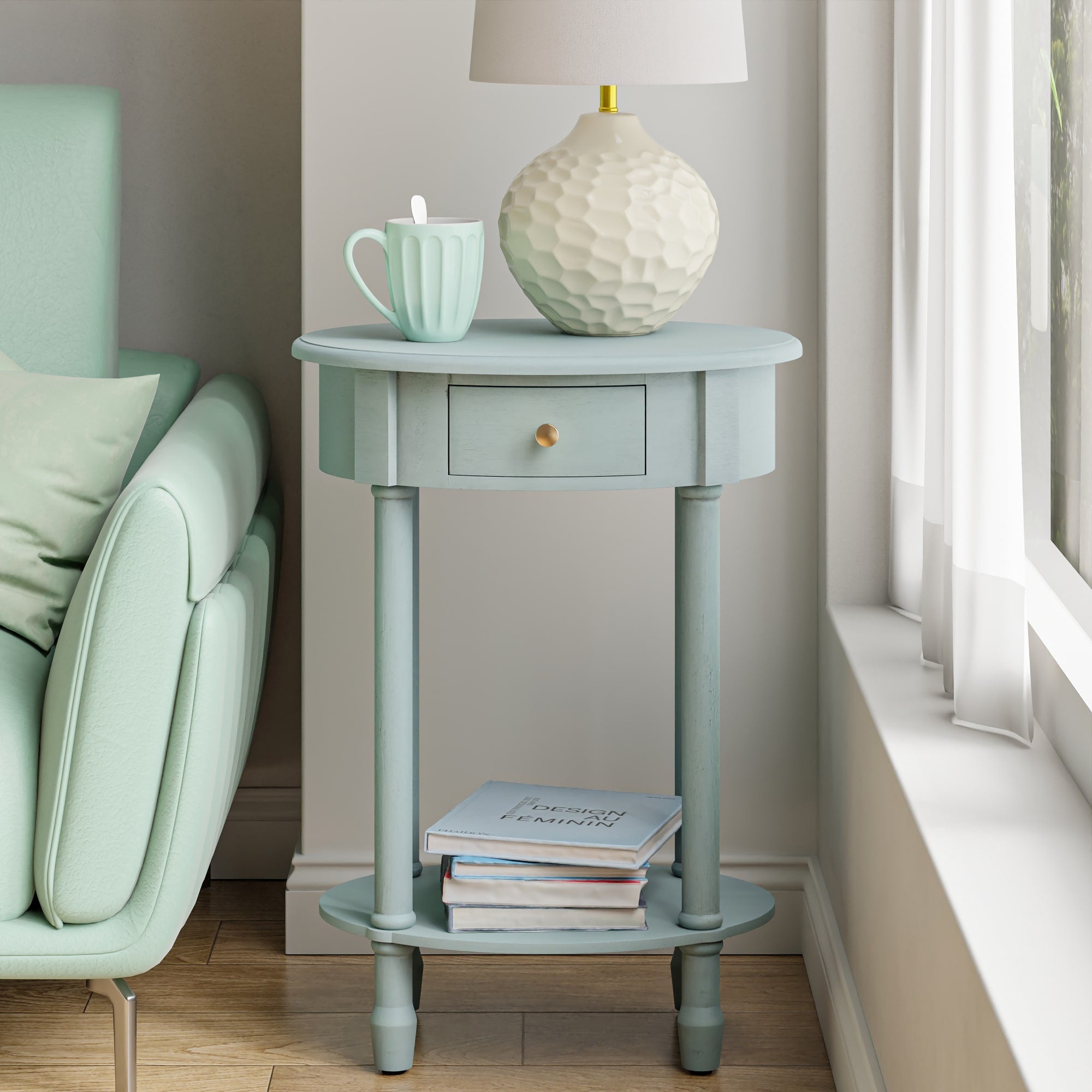 Cozayh French Country Oval End Table With Drawer Shelf Farmhouse Bedside Table For Small Spaces Light Sage Green