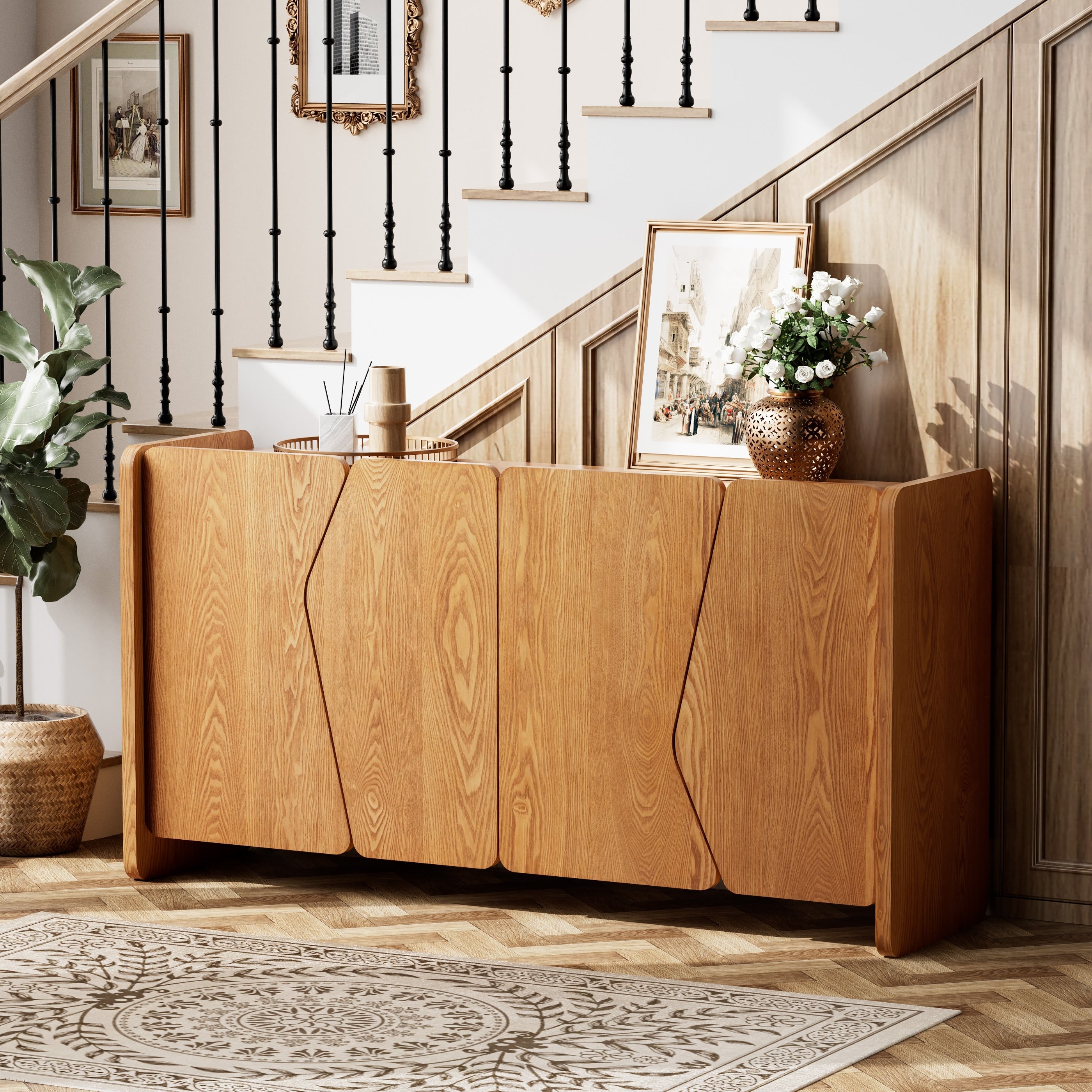 Cozayh Modern 57 Sideboard With 4 Geometric Doors Wood Storage Buffet Large Coffee Bar Tv Stand