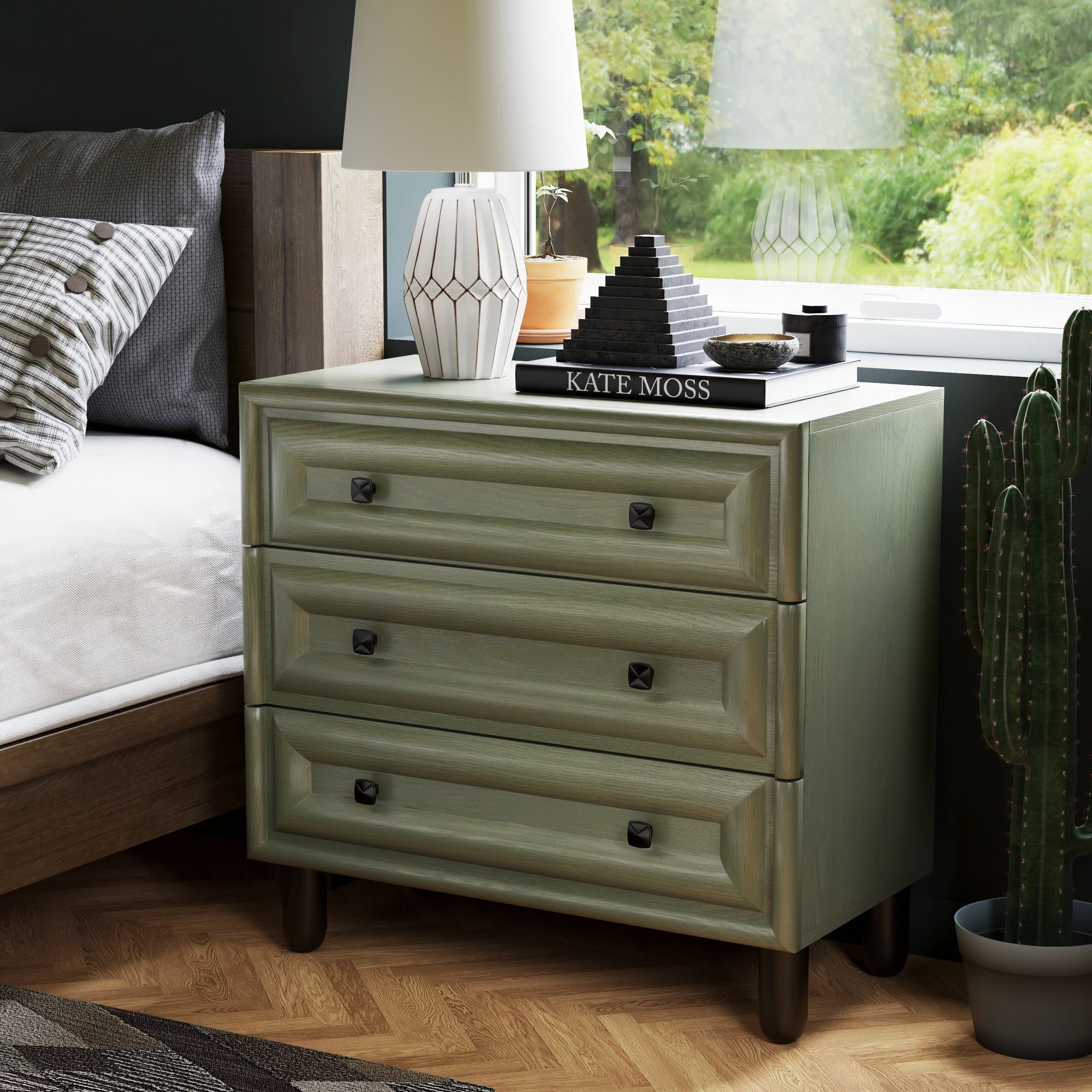 Cozayh Modern Geometric Dresser With Textured Frame Fronts Contemporary Nightstand Featuring Rounded Pillar Pine Wood Legs