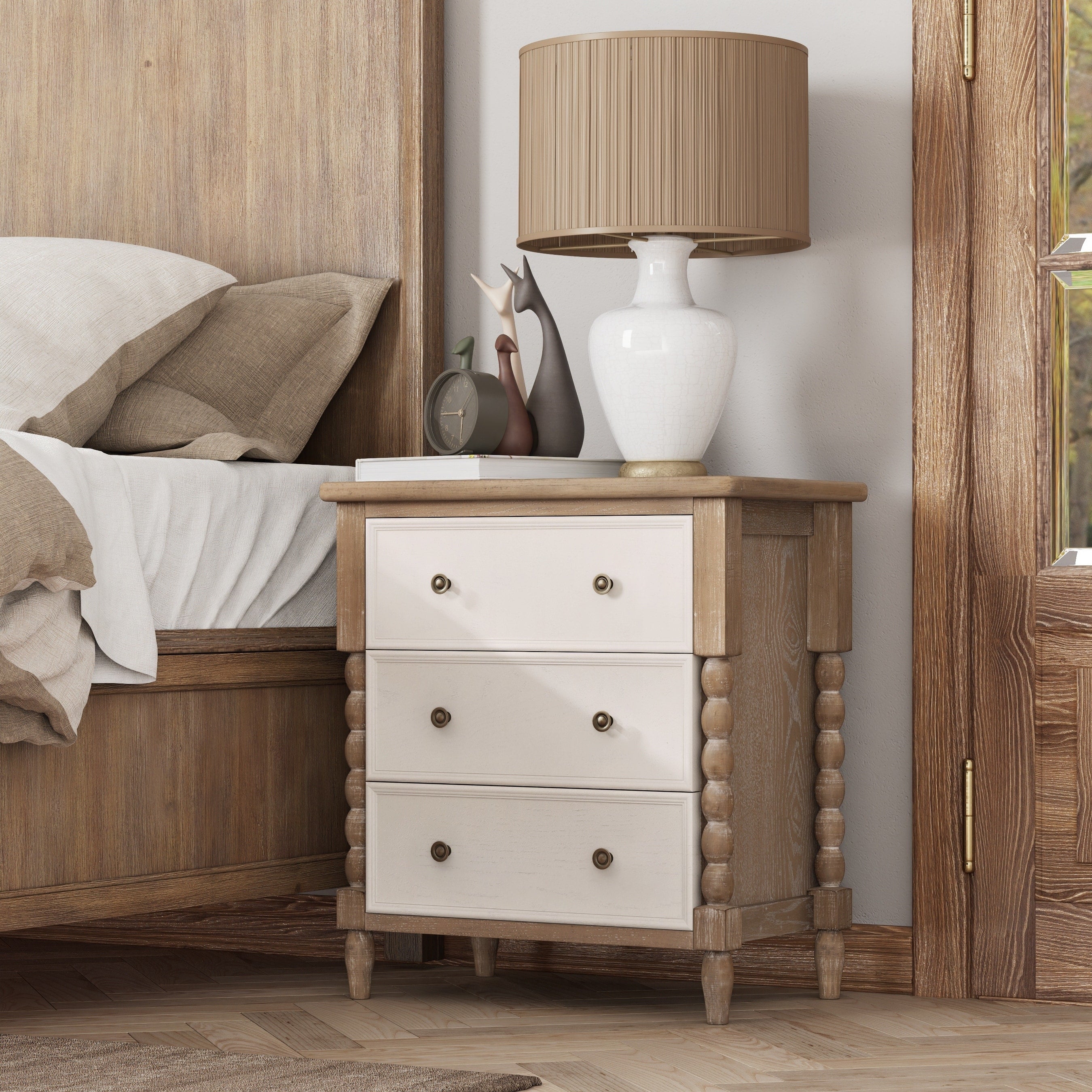 Cozayh Rustic 3 Drawer Dresser With Turned Legs Distressed Wood White Finish Almost Fully Assembled Nightstand