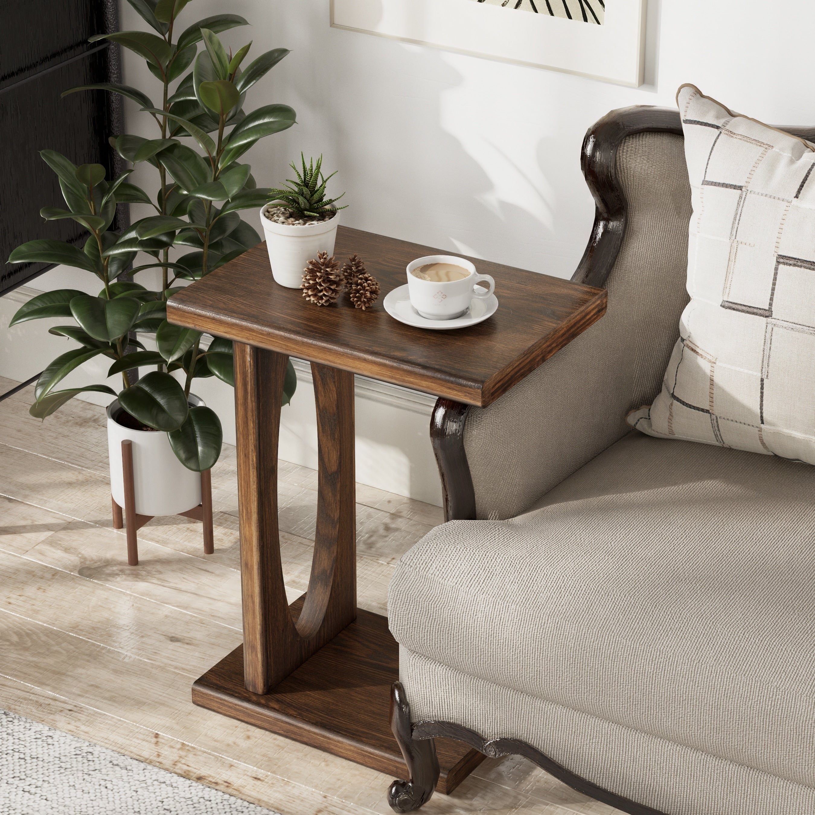 Cozayh Rustic C Shaped End Table Compact Snack Couch Side Table With Wooden Frame Warm Brown Wood Finish