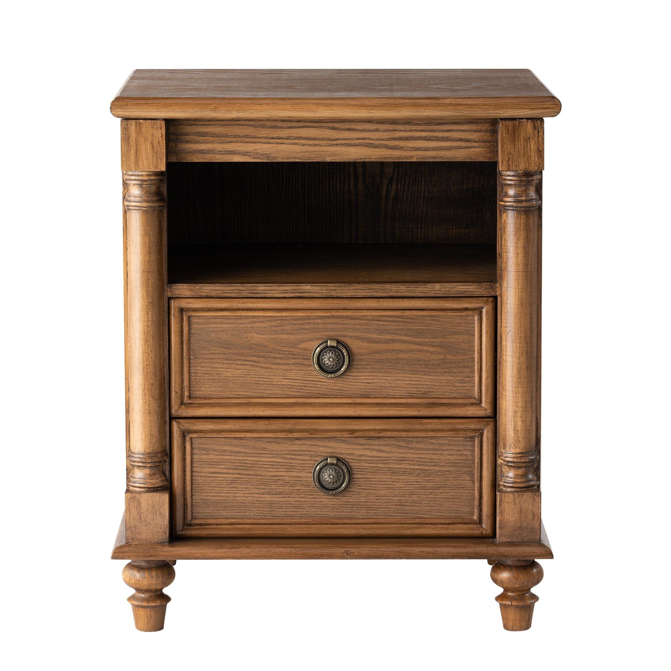Cozayh Rustic Farmhouse Nightstand With Sliding Top And Secret Compartment 2 Drawer Bedside Table With Open Shelf