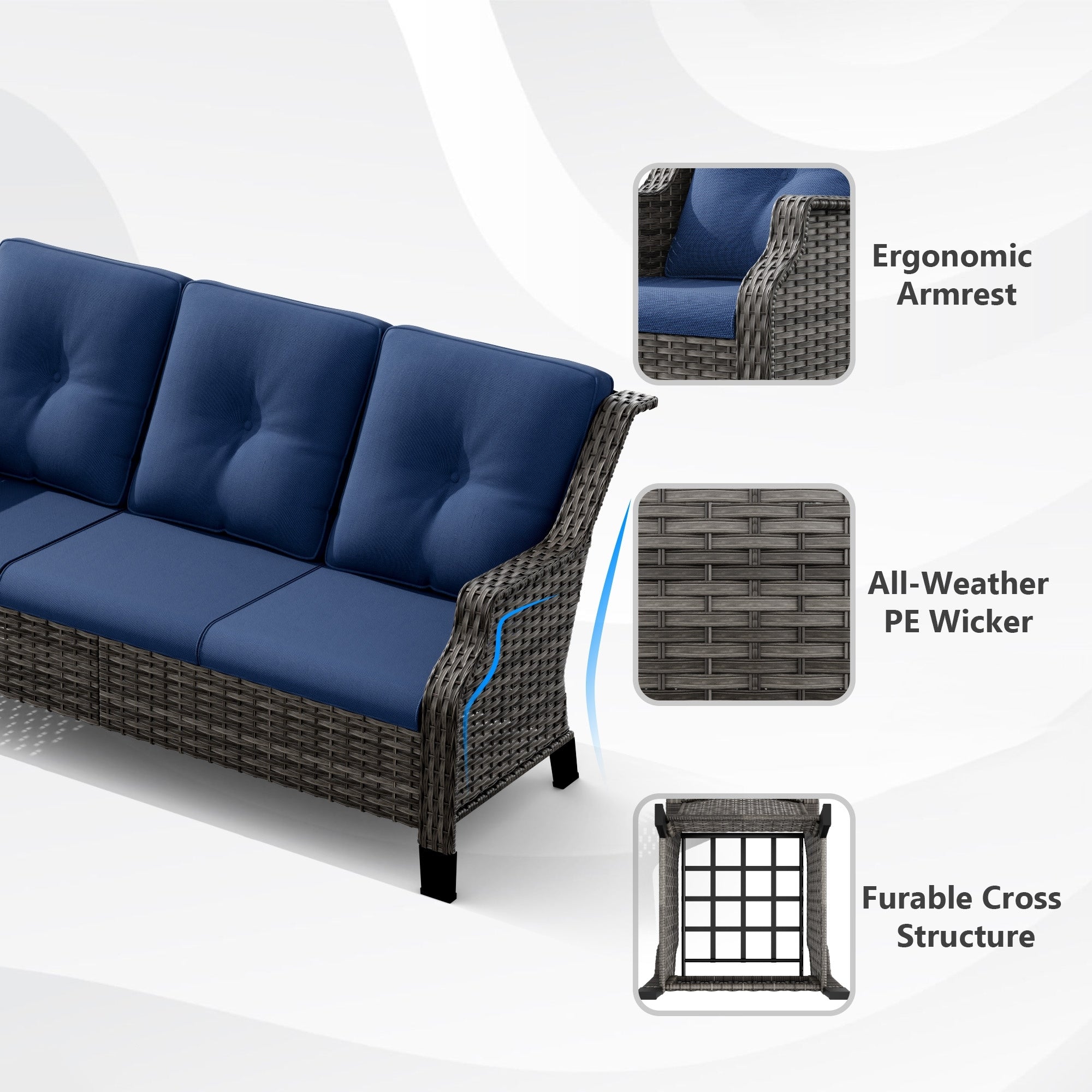 Cozyowr All Weather Outdoor Patio Sofa With Ergonomic Armrests And Premium Cushions Blue