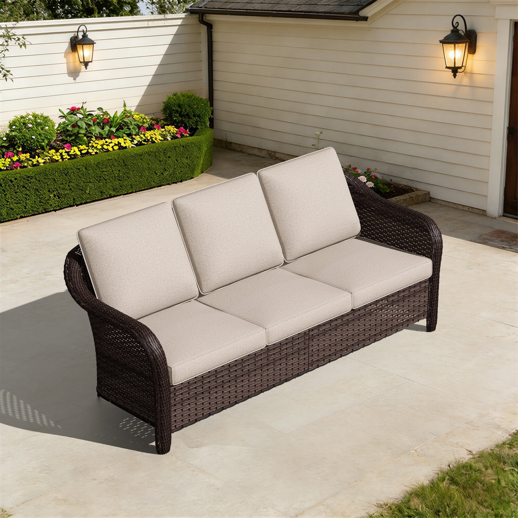 Cozywor 3 Person Outdoor Patio Rattan Sofa With Cushions