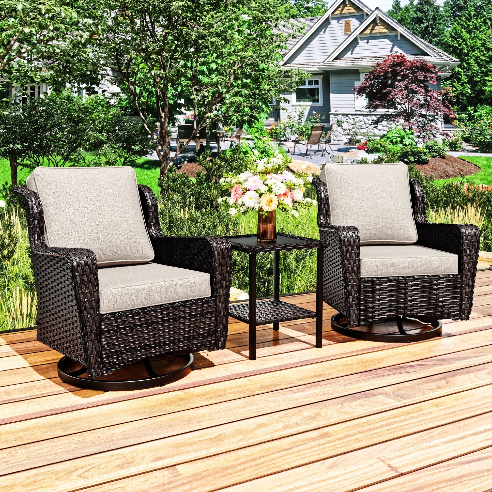 Cozywor 3 Piece Patio Rattan Swivel Chair Set