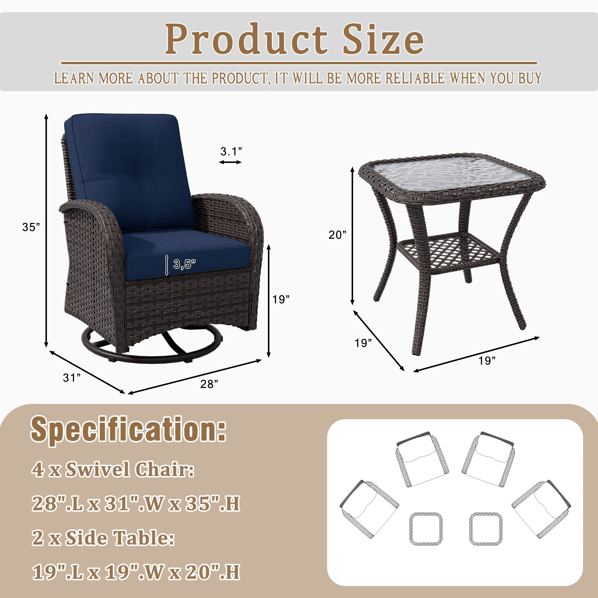Cozywor 6 Piece Wicker Swivel Outdoor Rocking Chairs Patio Conversation Set