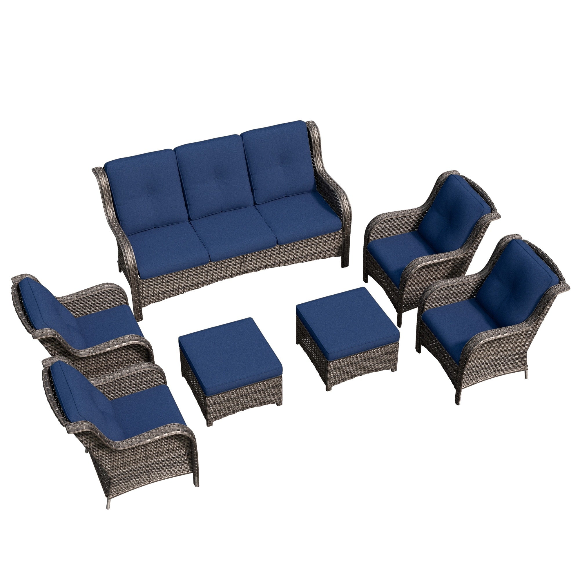 Cozywor All Weather Olefin Wicker Sofa Chair Set With Multi Functional Ottomans Blue