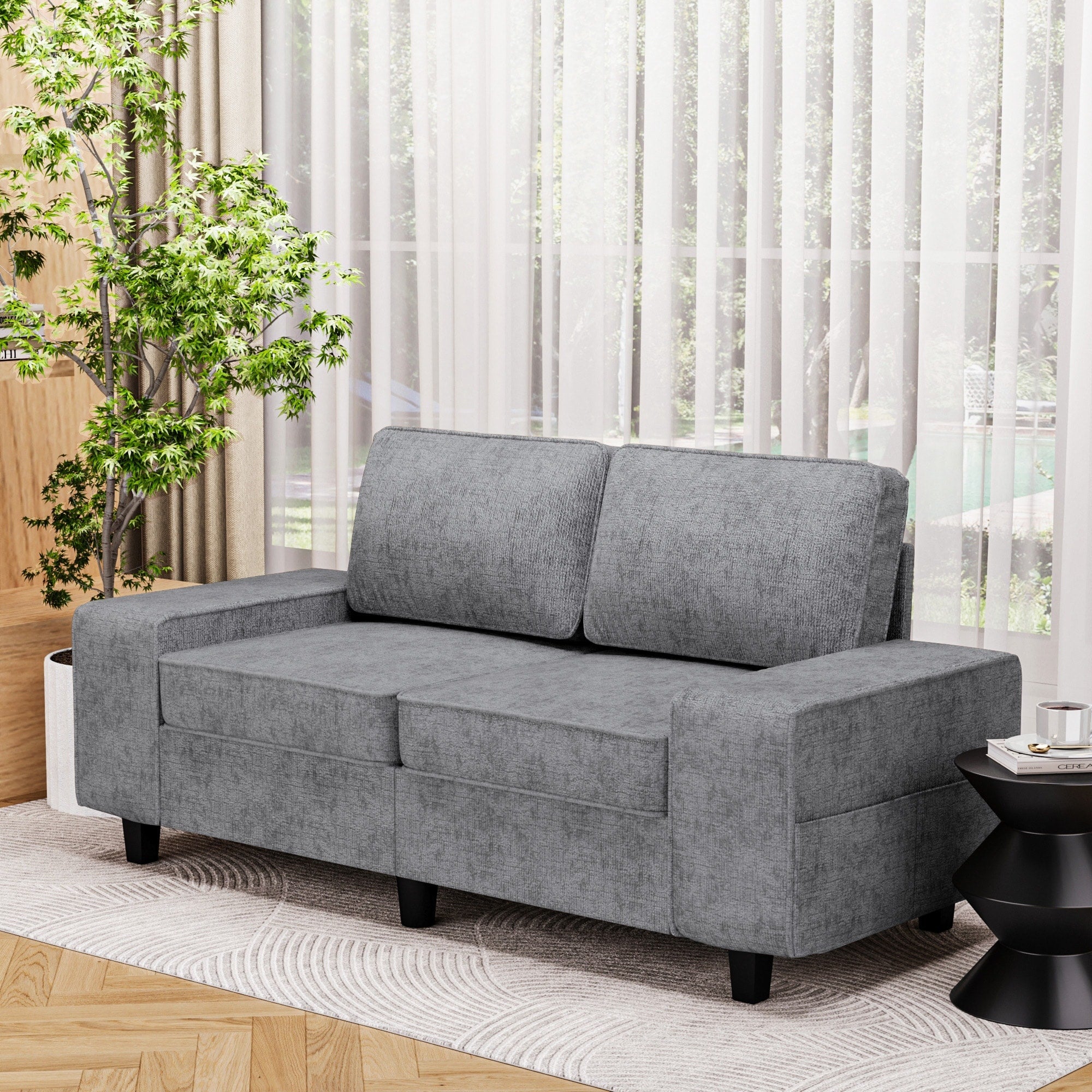 Cozywor Modern Style Indoor Coffee Fabric Loveseat With Side Pockets