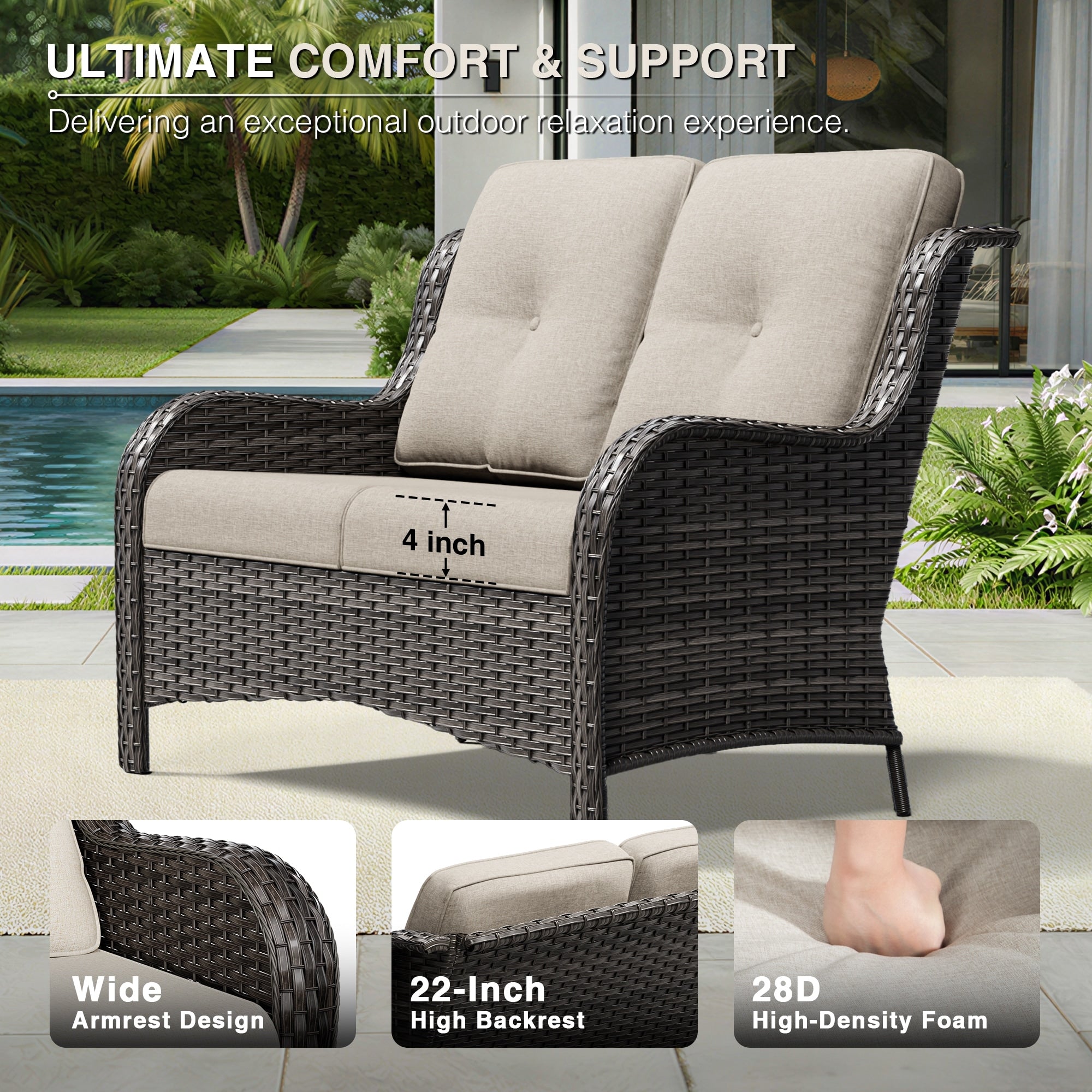 Cozywor Outdoor 2 Seat Wicker Sofa Set With Dual Multi Functional Ottomans Orange