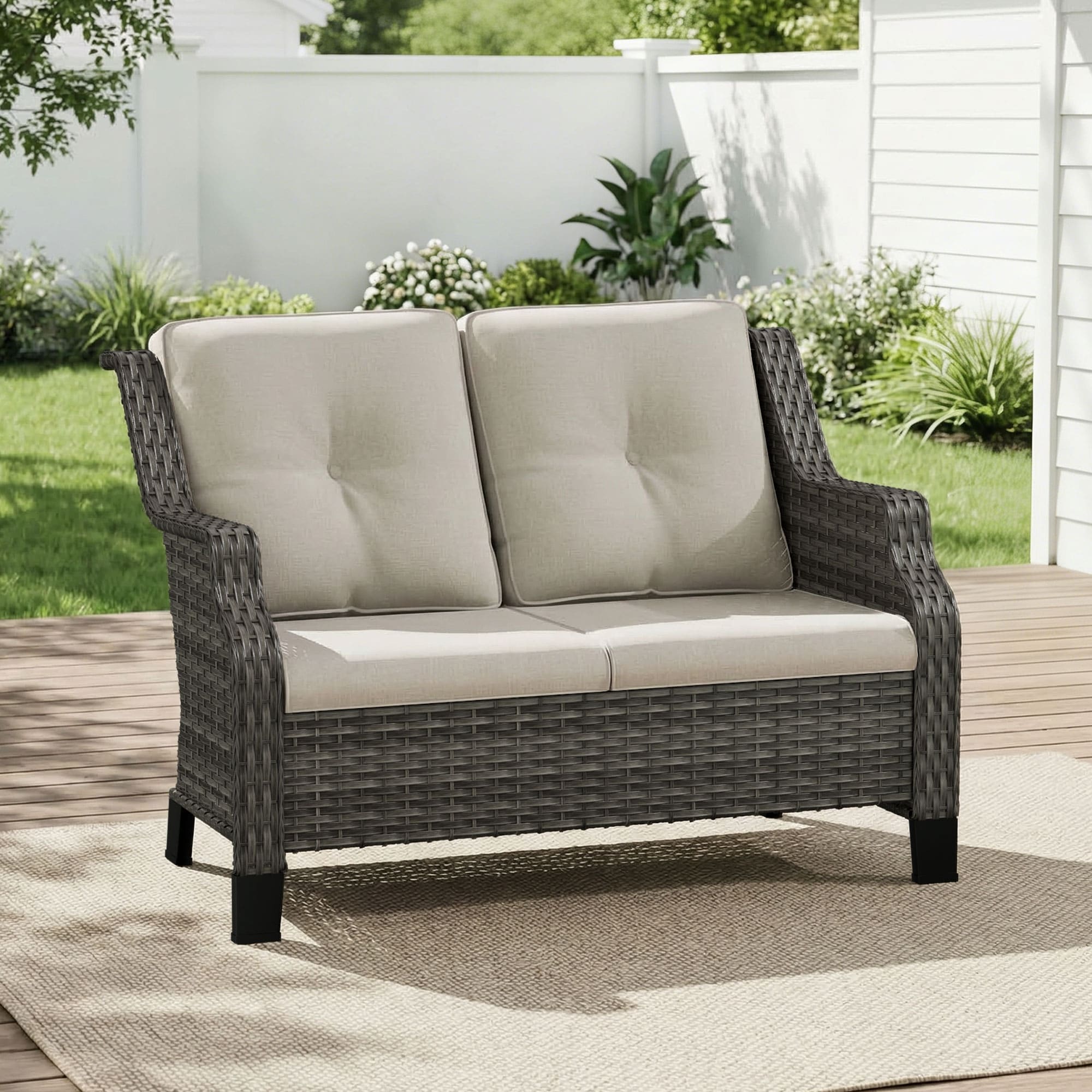 Cozywor Outdoor Loveseat With 22 Inch High Backrest Weather Resistant Olefin Fabric Beige