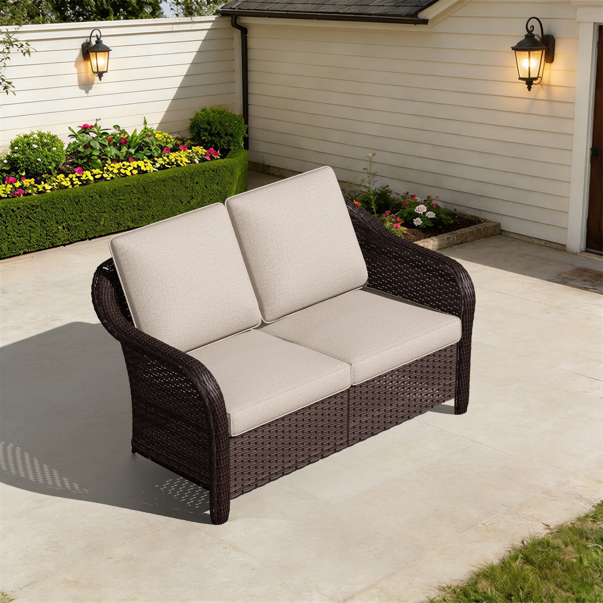 Cozywor Outdoor Patio Wicker Loveseat With Cushions