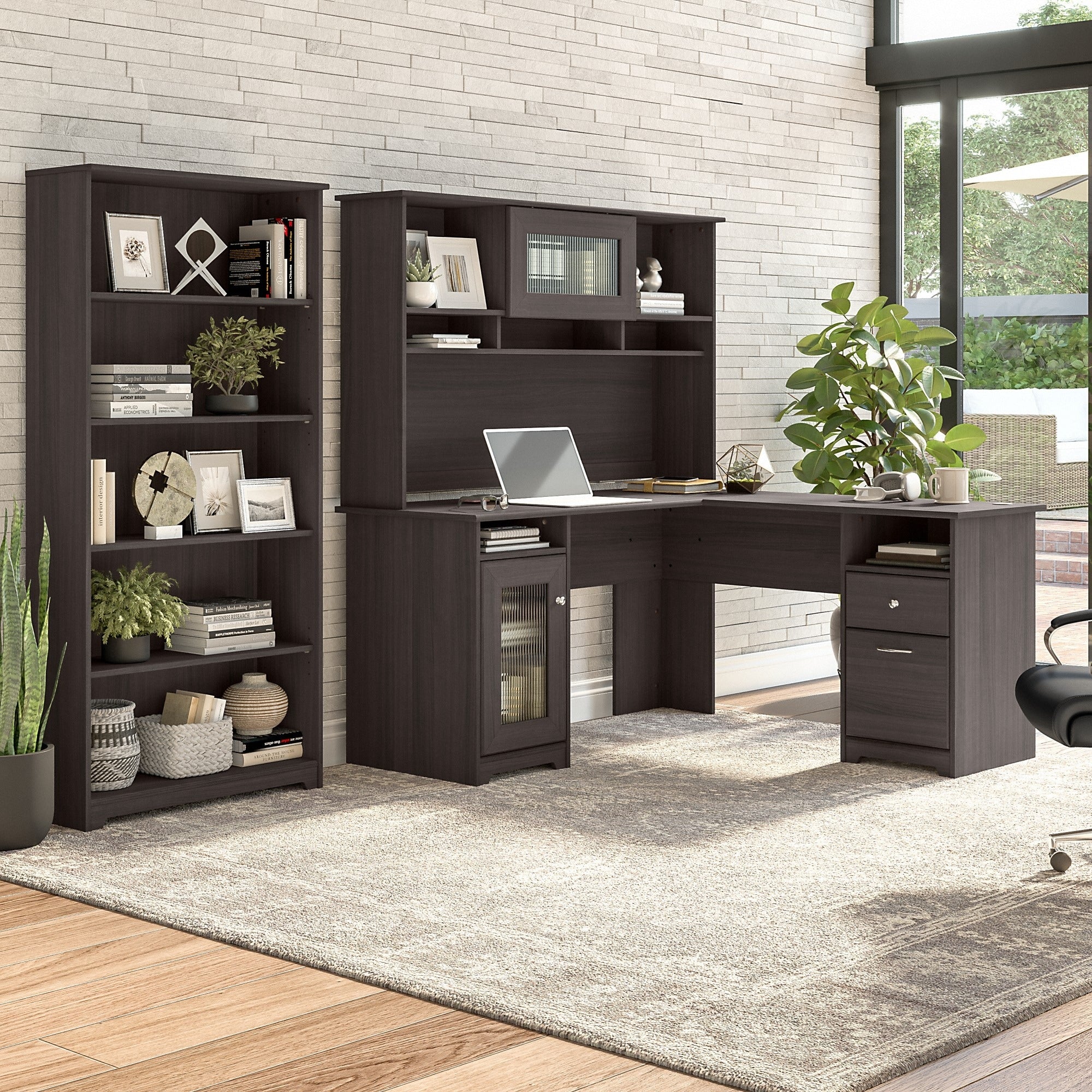 Porch Den Hale L Shaped Desk With Hutch And 5 Shelf Bookcase In Heather Gray