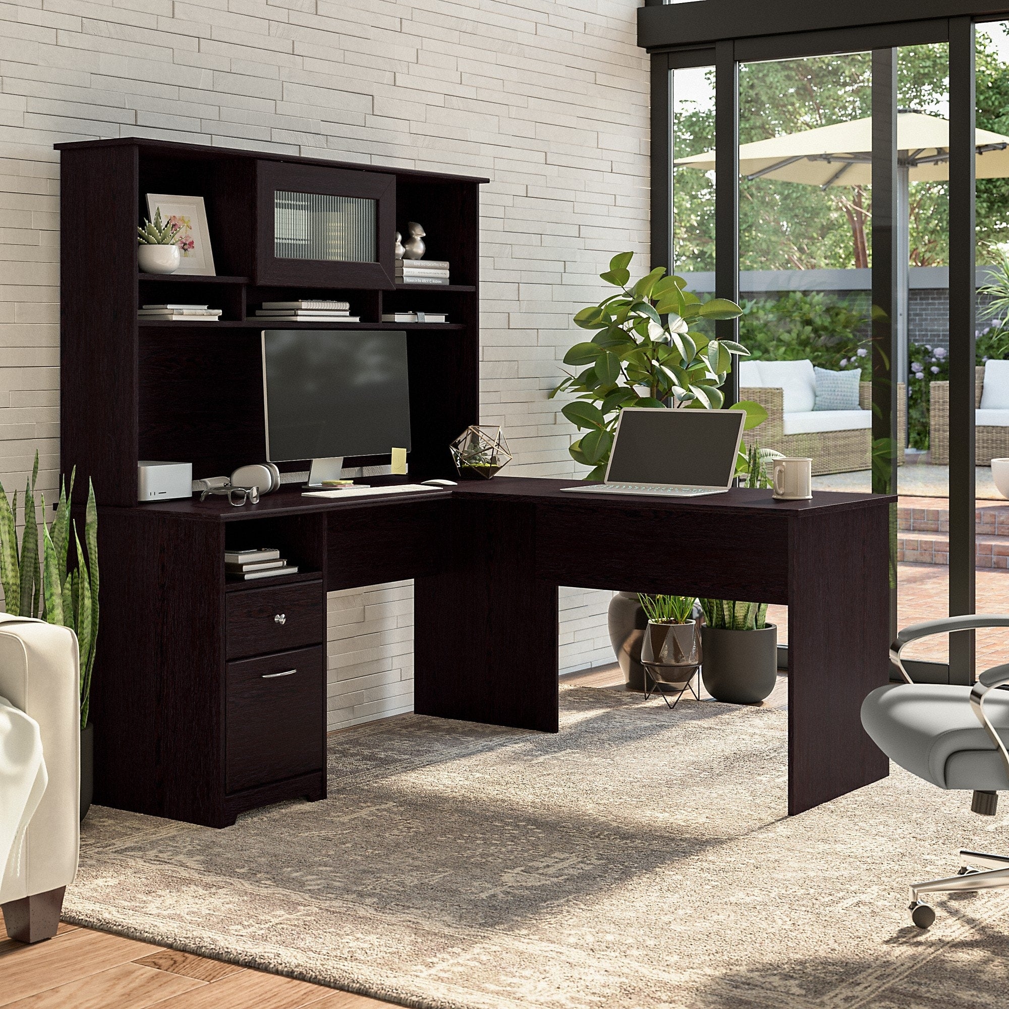 Bush Furniture Cabot 60W L Shaped Computer Desk With Hutch And Drawers In Espresso Oak