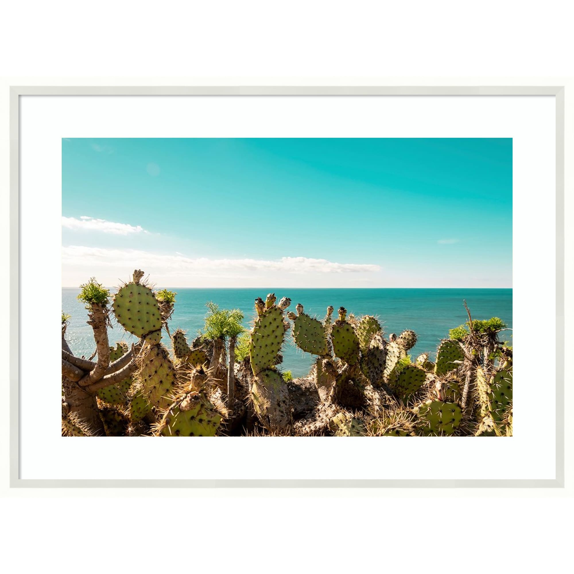 Cactuses Admiring The Ocean By Elena Chukhlebova Wood Framed Wall Art Print Lucie White