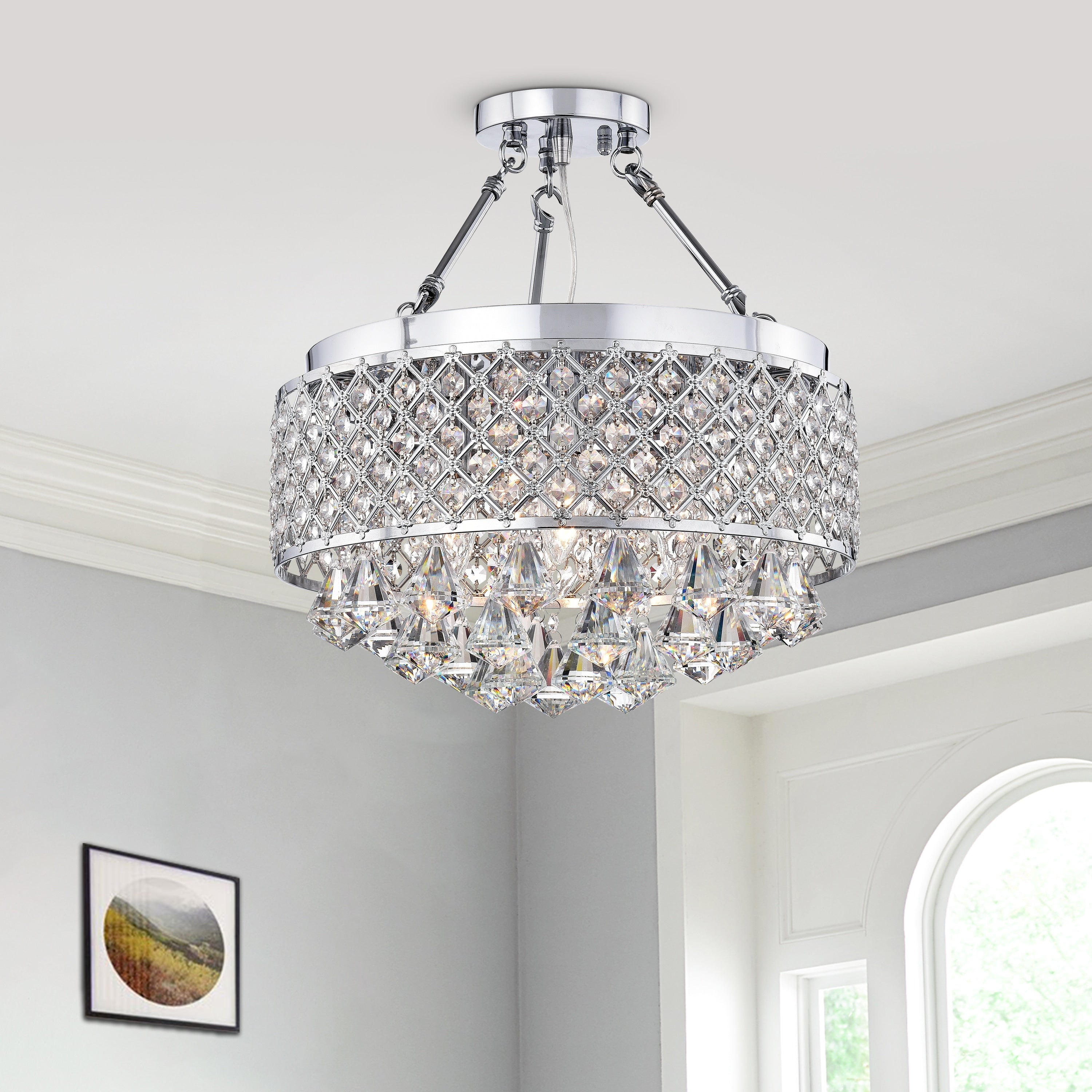 Caelus Chrome Metal And Crystal 4 Light Semi Flush Mount Chandelier
