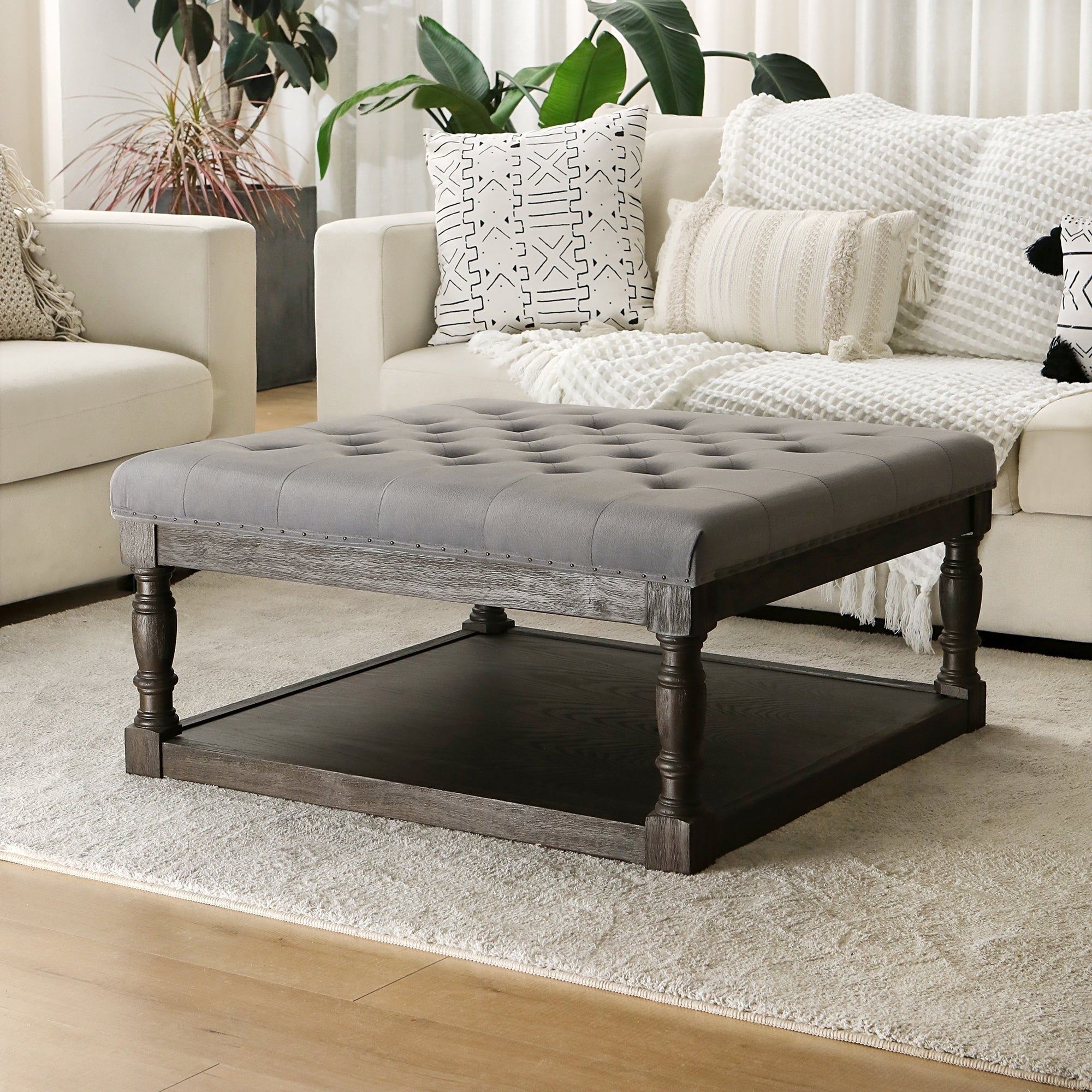 Cairona Tufted Pu Leather 34 Inch Shelved Ottoman Table More Colors