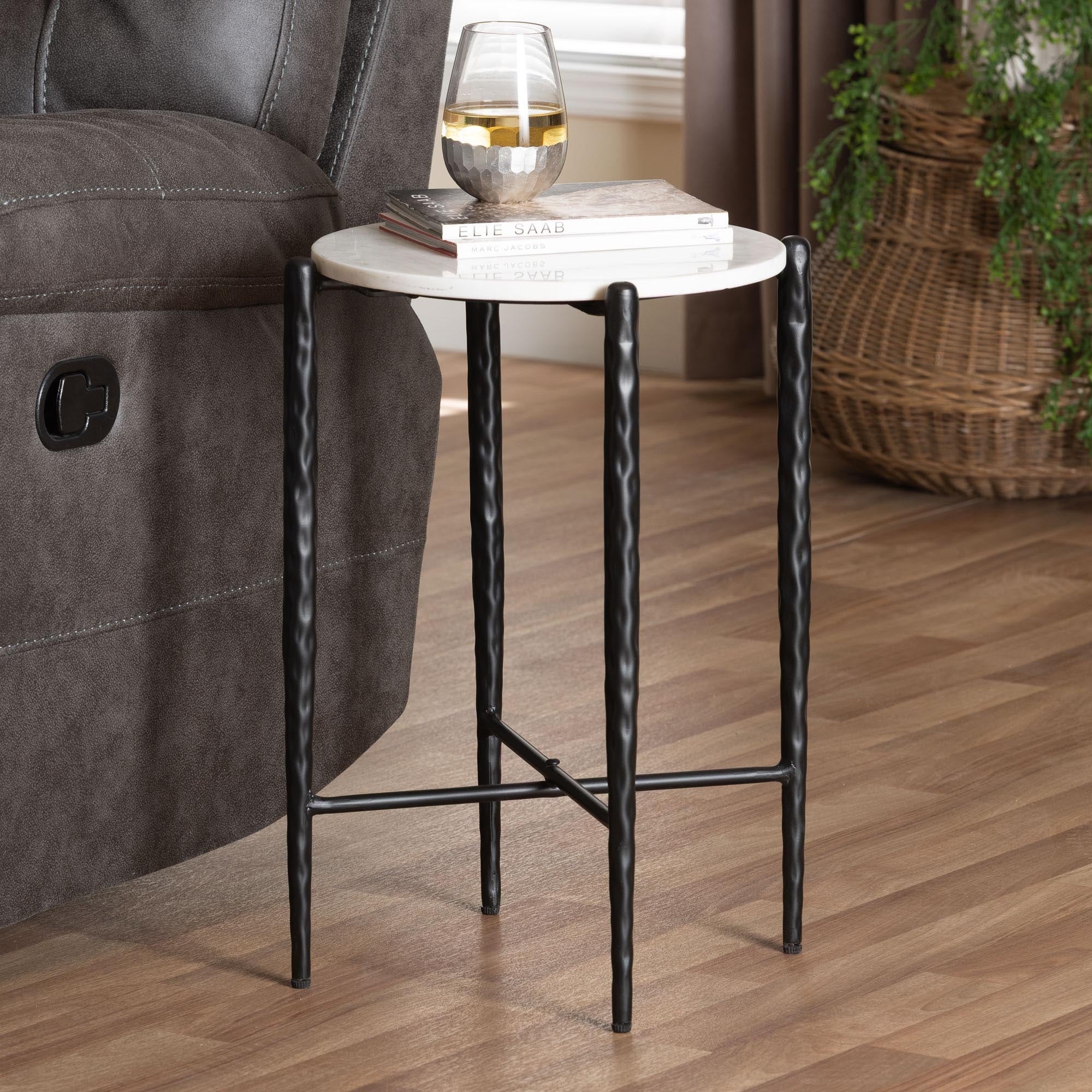 Caledon Marble Side Table Modern Rustic Accent Table With Hand Forged Metal Frame For Living Room Or Seating Areas Round