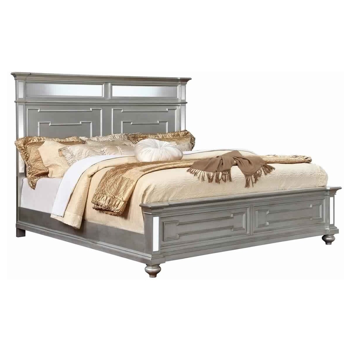 California King Bed With Mirror Paneled Headboard And Footboard Silver