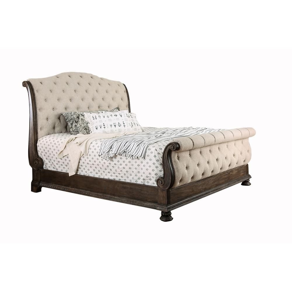 California King Bed With Sleigh Headboard And Footboard Brown And Beige
