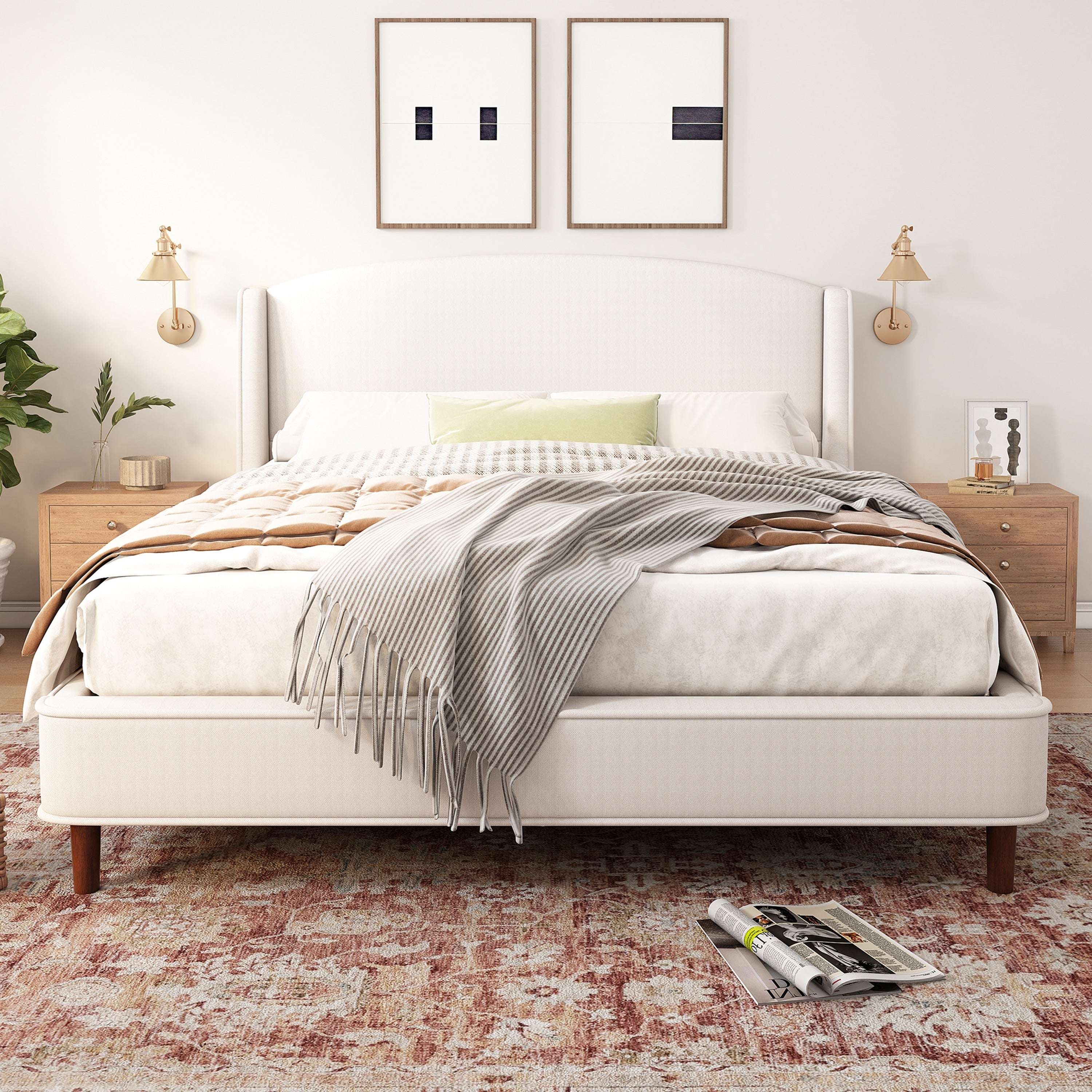 California King King Size Upholstered Platform Bed With Wingback Headboard